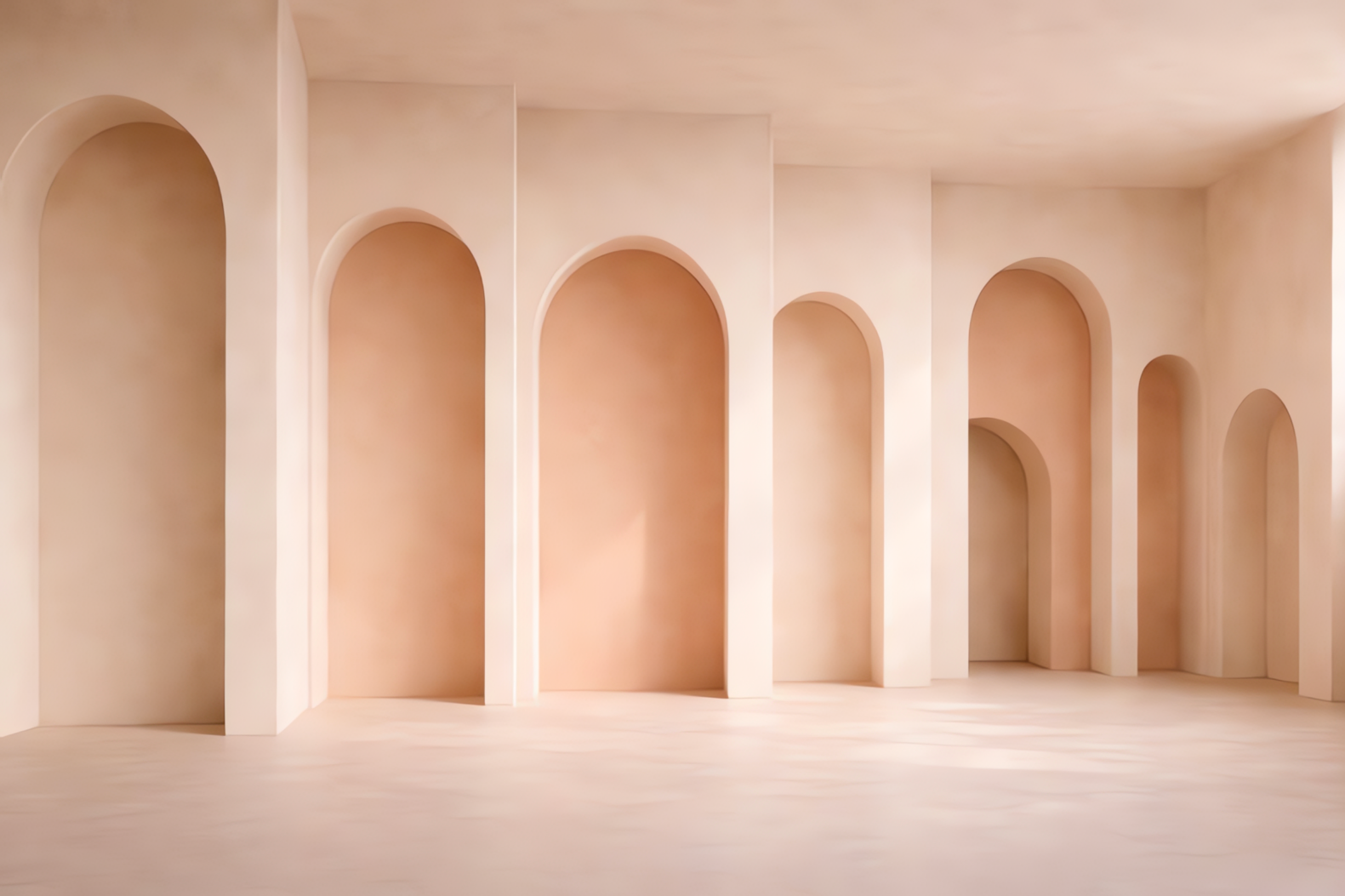 Empty room with light-colored walls and floor, featuring multiple large, rounded arched alcoves along the wall.
