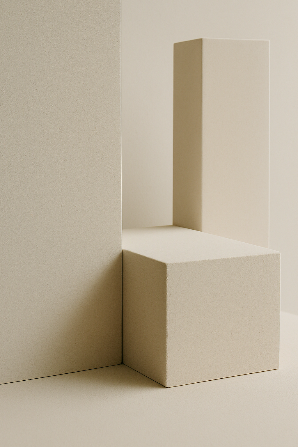 Minimalist sculpture with geometric blocks in beige tones, placed against a beige background.