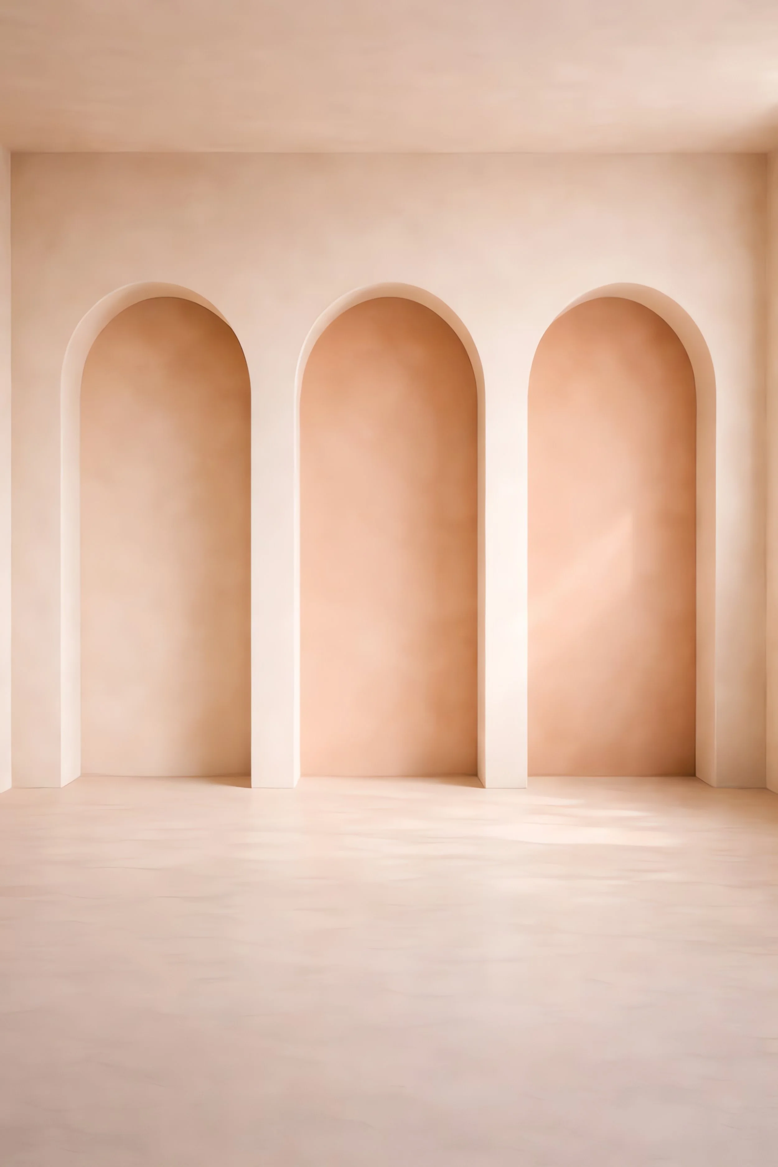 Interior of a room with three identical archways and a light wooden floor, painted in soft beige tones.
