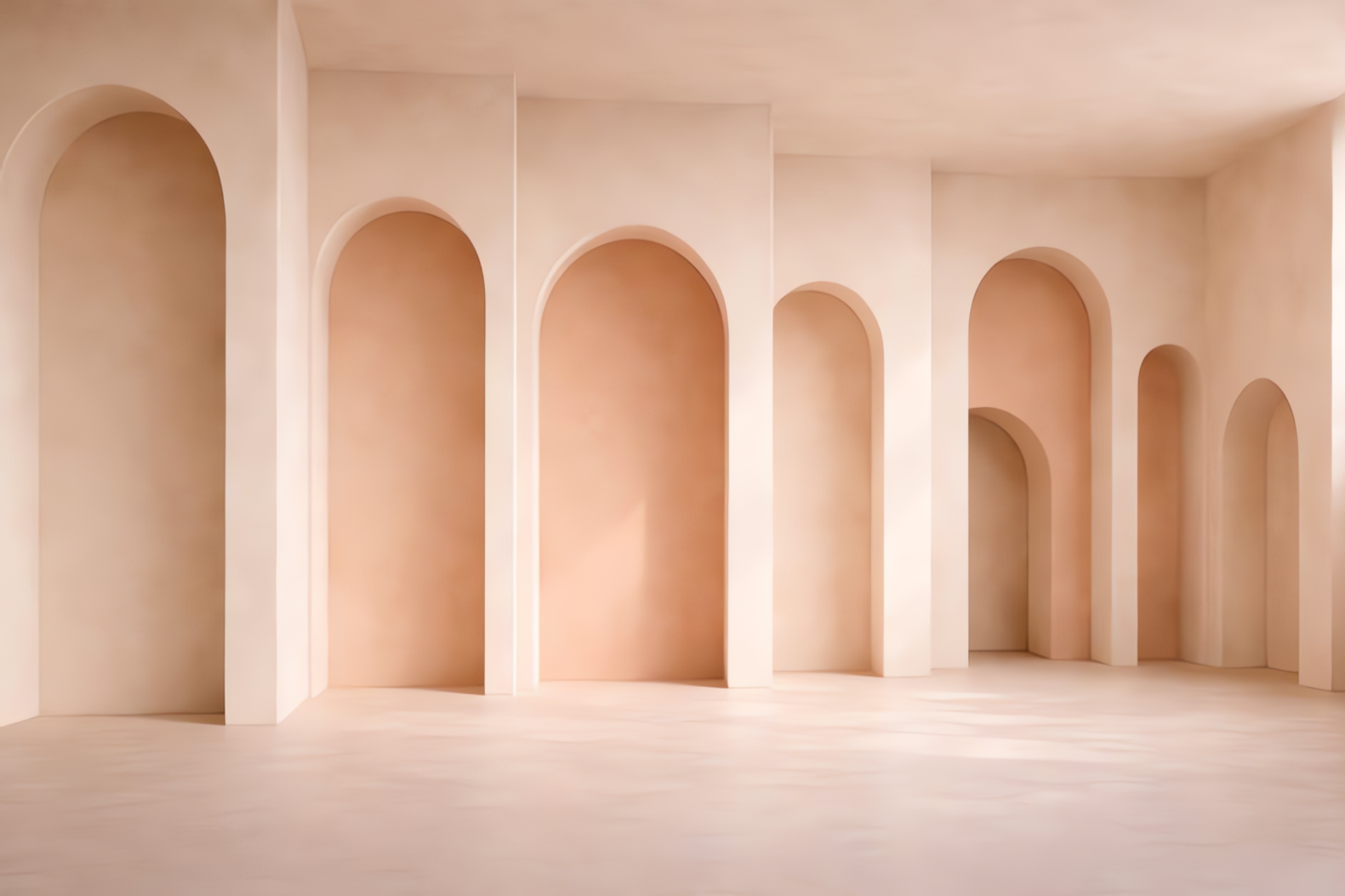 Empty room with pink walls and arch-shaped doorways.