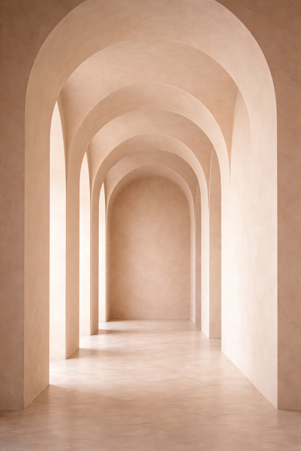A hallway with arches, painted in a beige or light peach color, creating a minimalist and elegant architectural design.