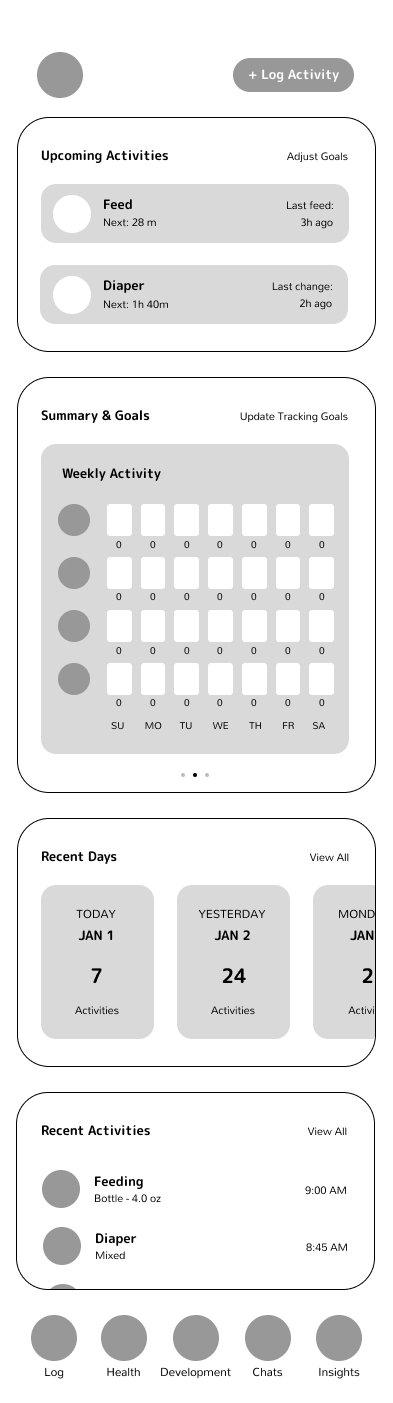 Patricia Machin Miami Portfolio Designer Art Director  Mobile app interface showing upcoming activities, weekly activity chart, recent days, recent activities, and menu options for logs, health, development, chats, and insights.