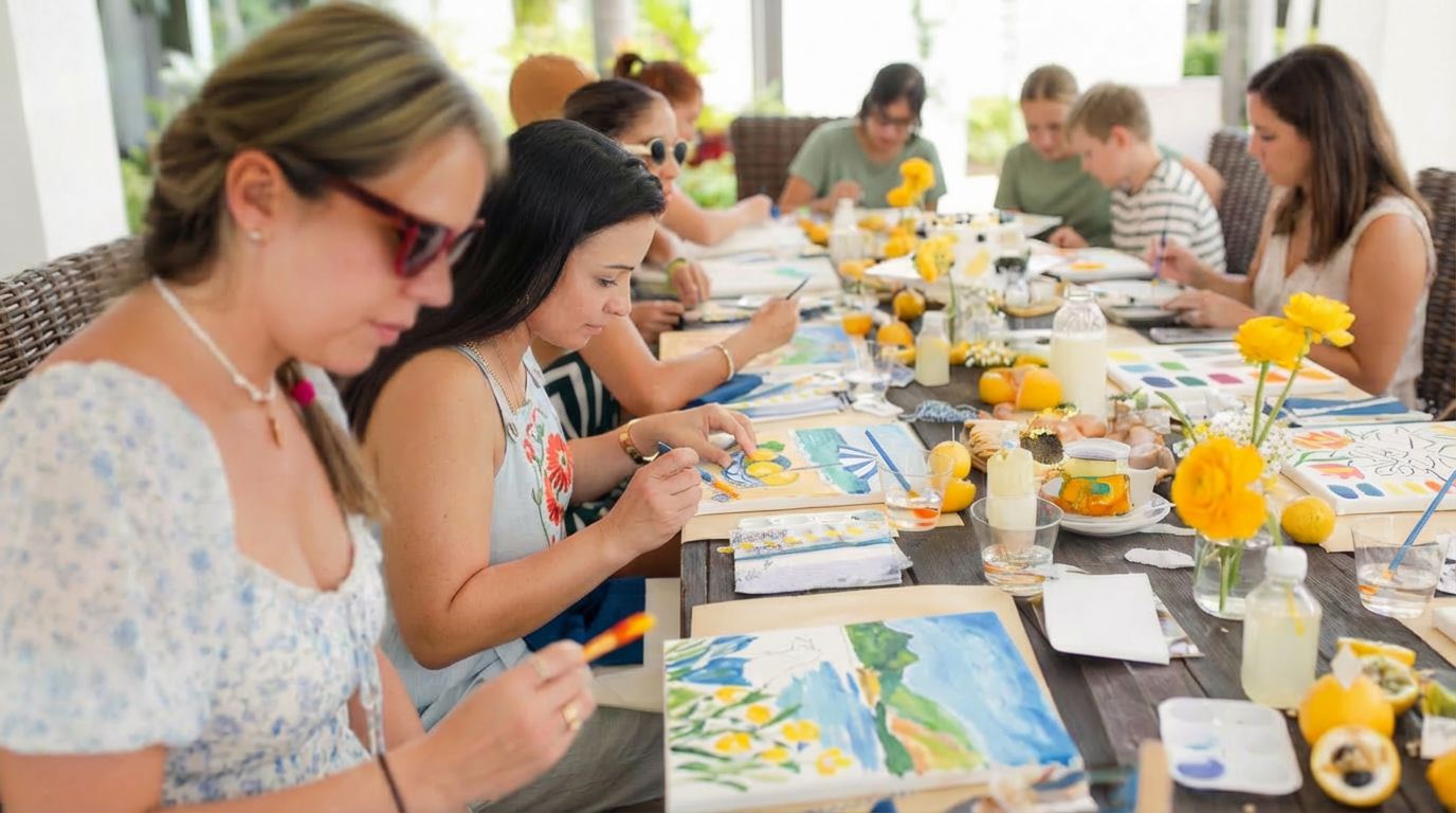 Patricia Machin Portfolio Designer and Art Director Muse&flow Miami A group of women and children sitting around a table painting and decorating outdoor scenery pictures with yellow flowers and lemons on the table