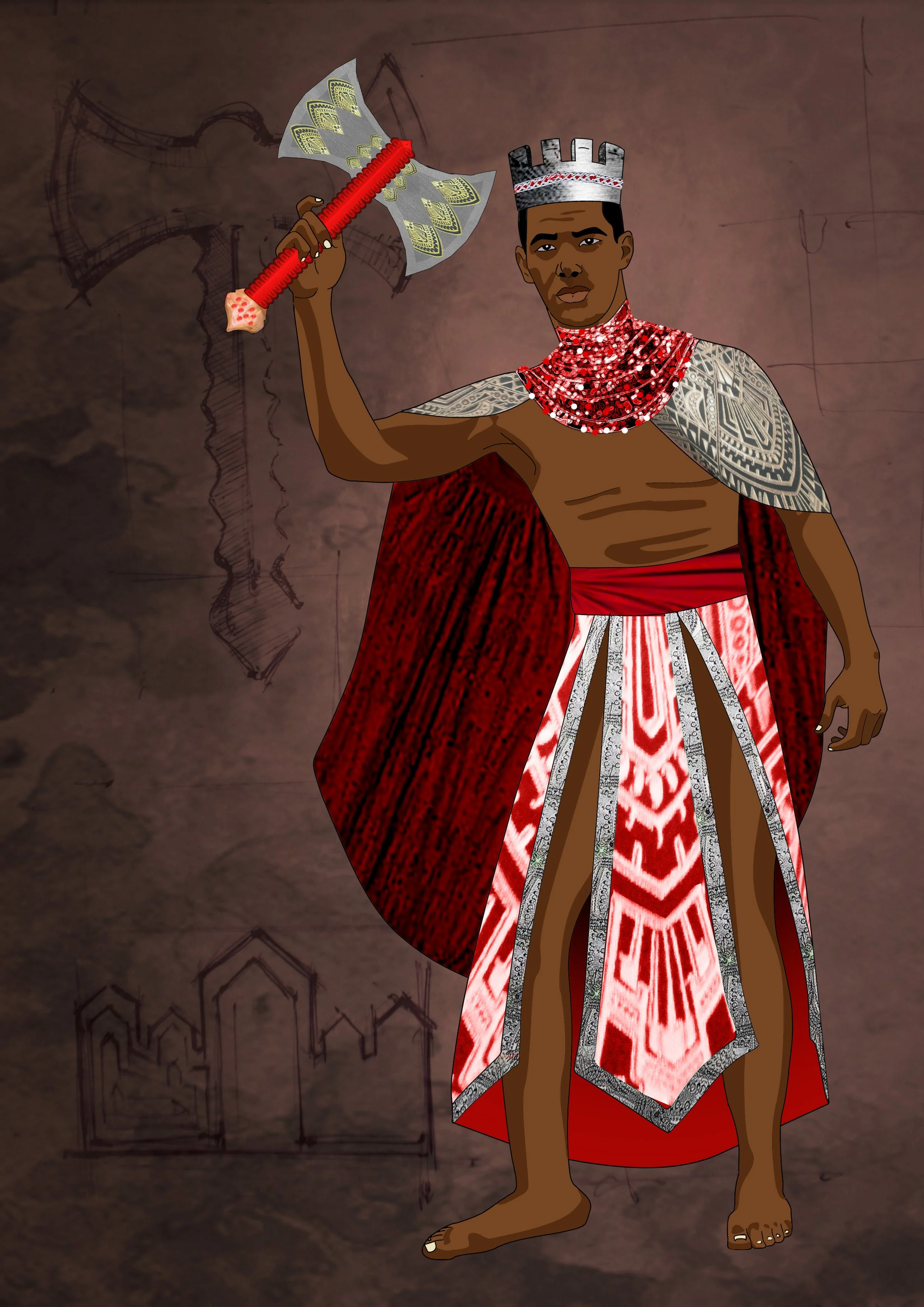 Patricia Machin Portfolio Designer Art director Miami Digital illustration of a tribal warrior wearing a crown, red cape, and patterned loincloth, holding an axe with a dollar sign pattern, standing against a textured historical background.