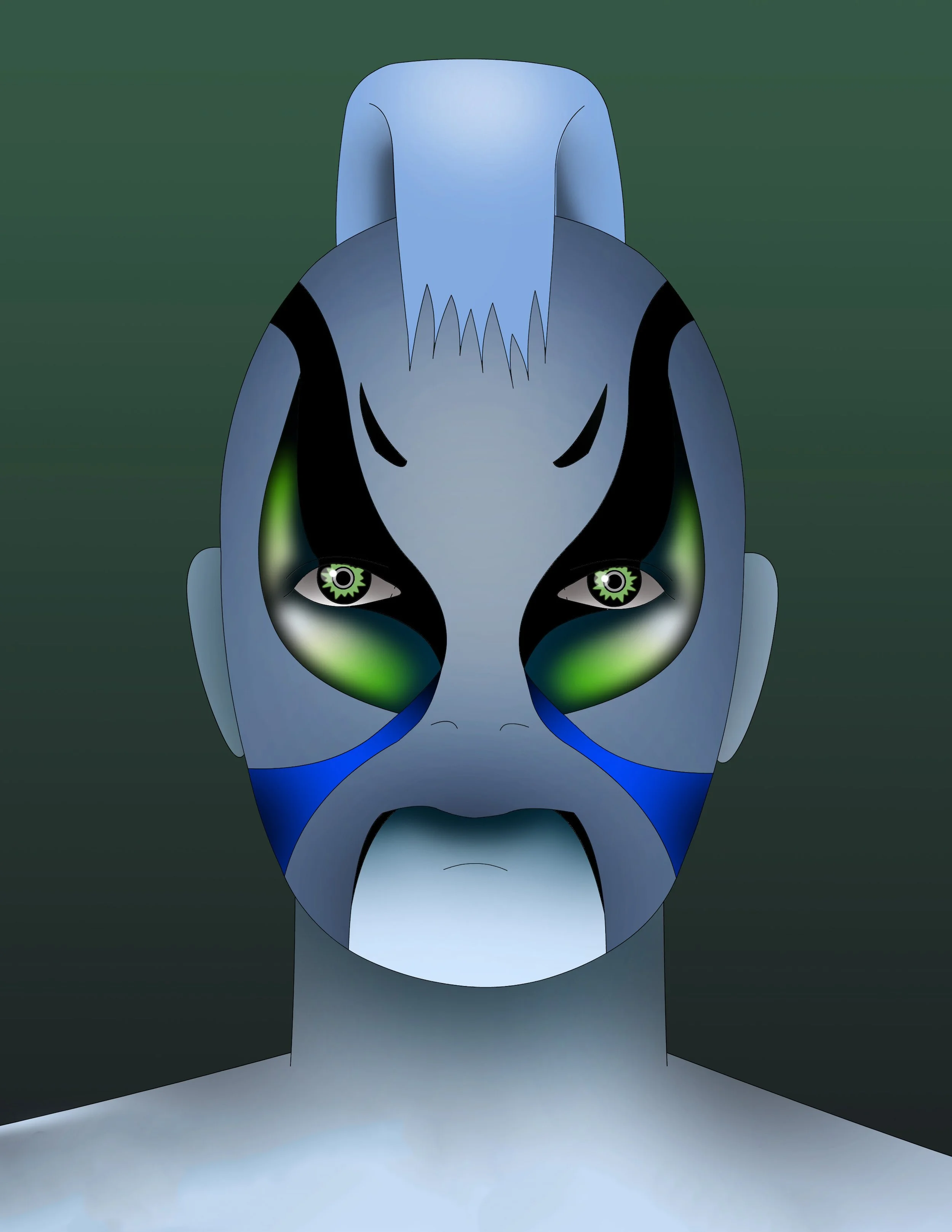 Patricia Machin Miami PoA futuristic, digital portrait of a humanoid figure with a mechanical or cybernetic face painted in blue, green, black, and white patterns, featuring glowing green eyes and a neutral expression against a dark green background.