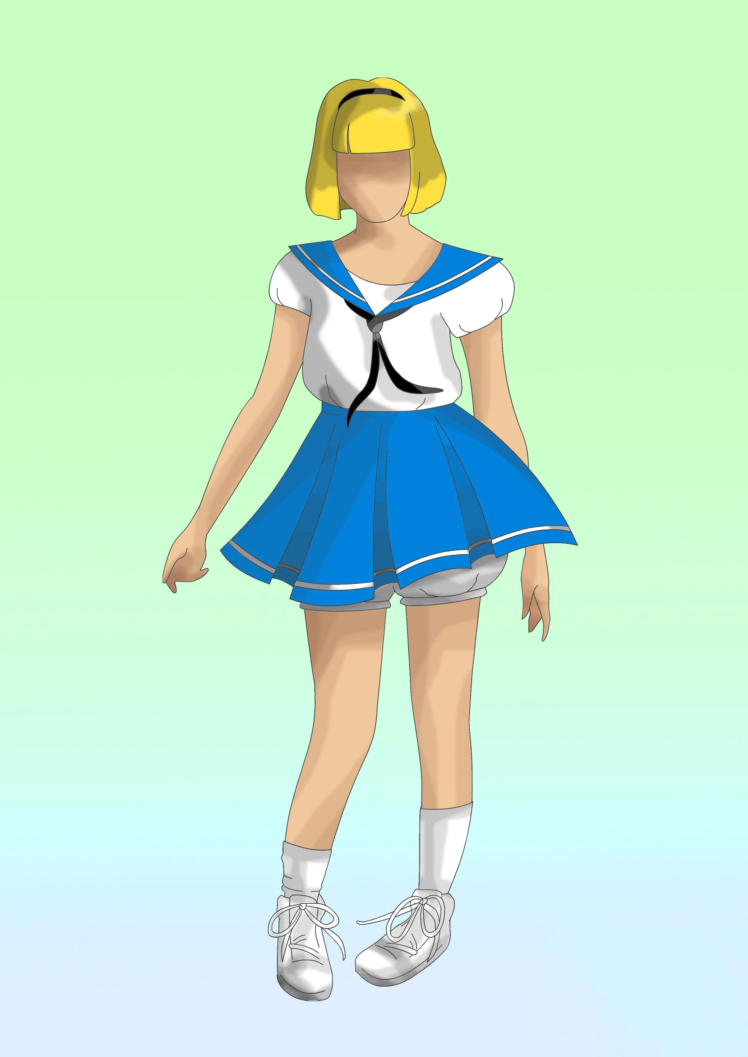 Patricia Machin Miami Portfolio Designer Art Director  Illustration of a girl wearing a Japanese schoolgirl uniform with a blue skirt, white top, and white shoes, standing against a light green background.