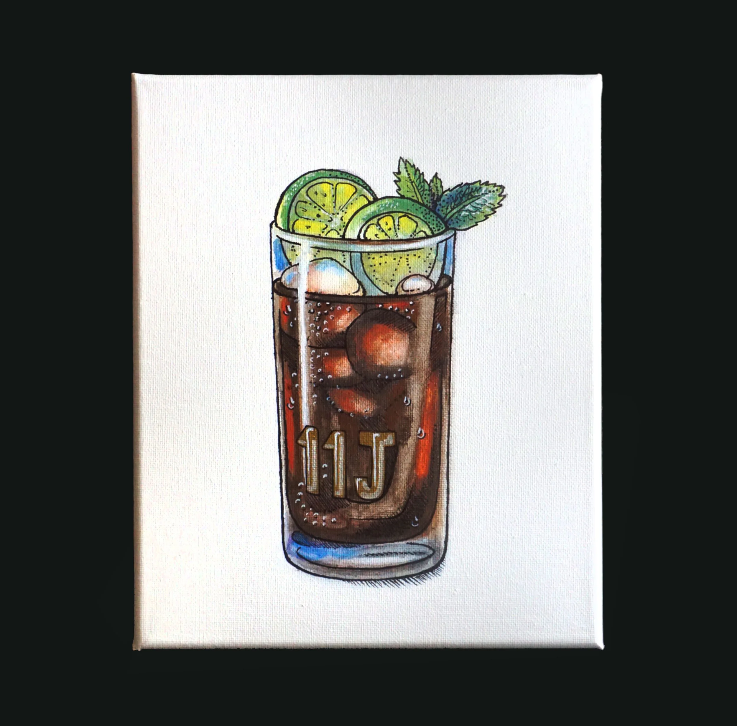 Water glass with lime slices, mint leaves, and ice cubes, containing a dark soda with bubbles.