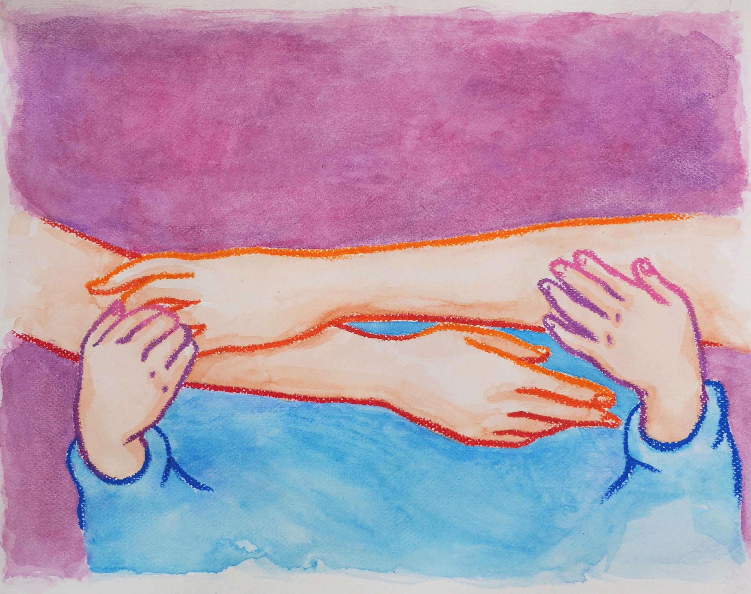 Patricia Machin Miami Portfolio Designer Art Director  Watercolor illustration of one hand holding a red-stitched cloth, with the other hand reaching in from the right. The background includes purple, blue, and beige colors.