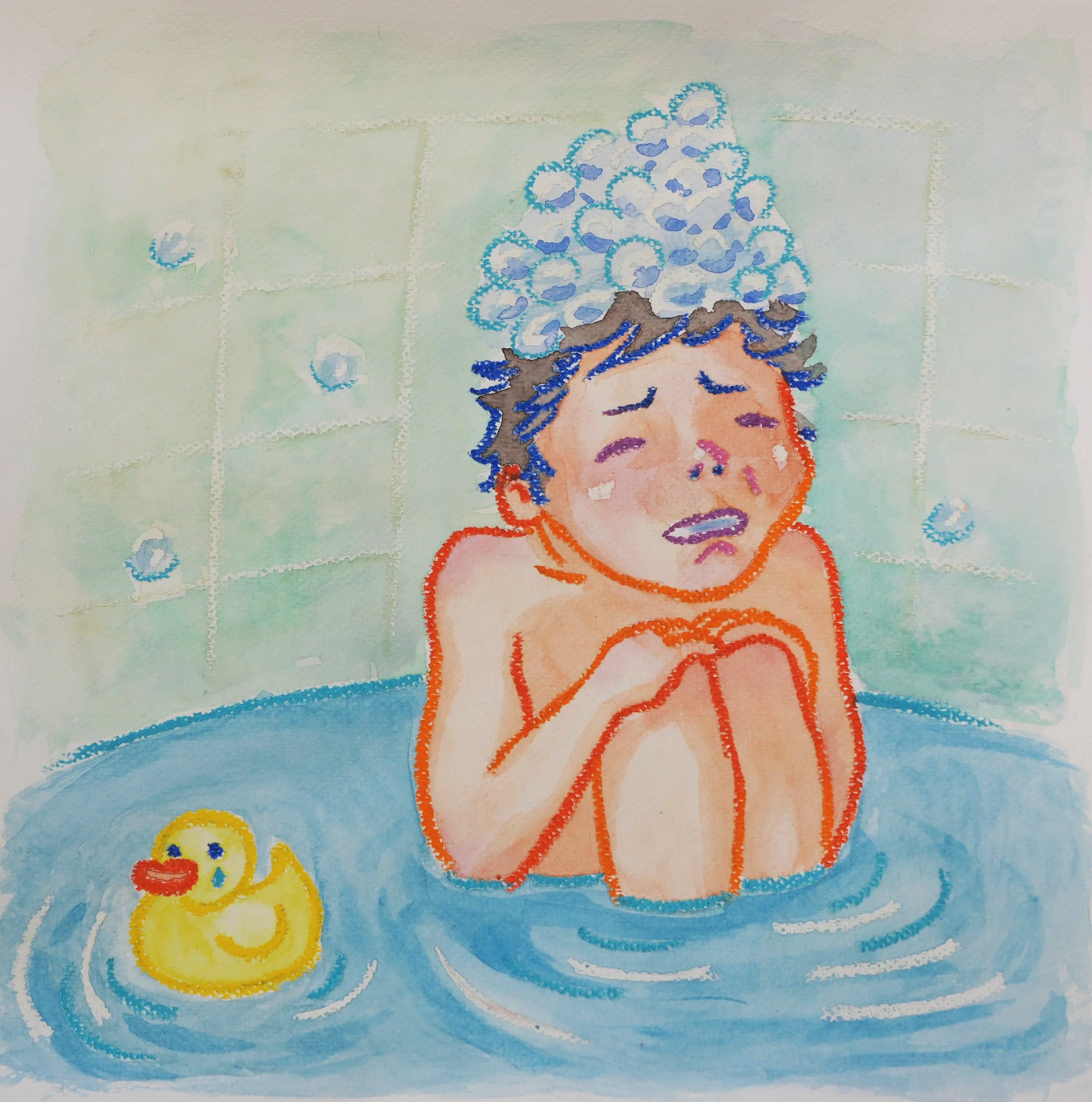 A watercolor illustration of a child with blue curly hair, wrapped in a towel, sitting in a bathtub, with a yellow rubber duck floating nearby. The child's face shows discomfort, with eyes closed and mouth open, and bubbles are on the wall behind him