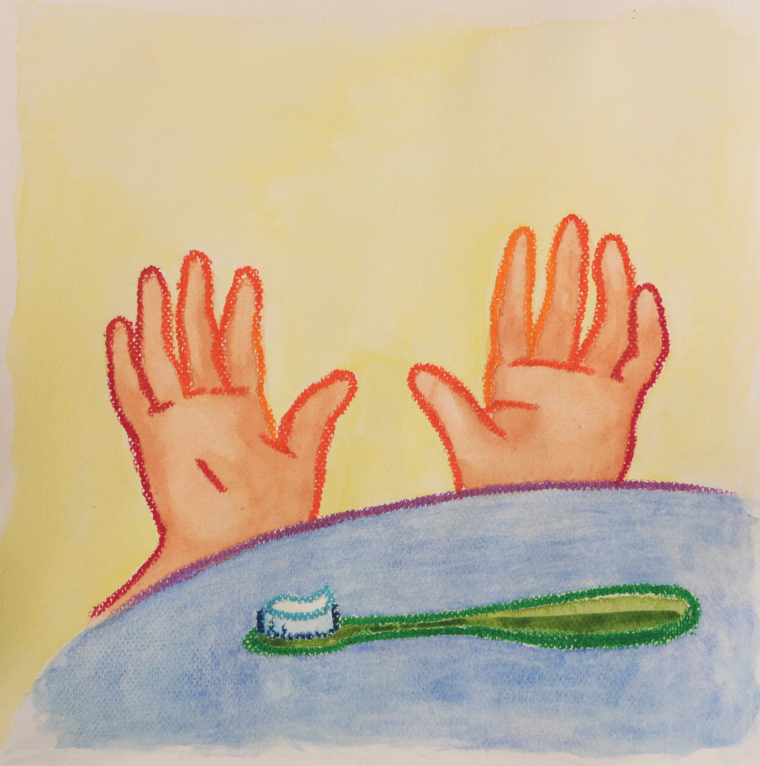 Patricia Machin Miami Portfolio Designer Art Director A child's watercolor drawing of two hands with palms facing out, positioned above a blue surface with a toothbrush on it, against a yellow background.