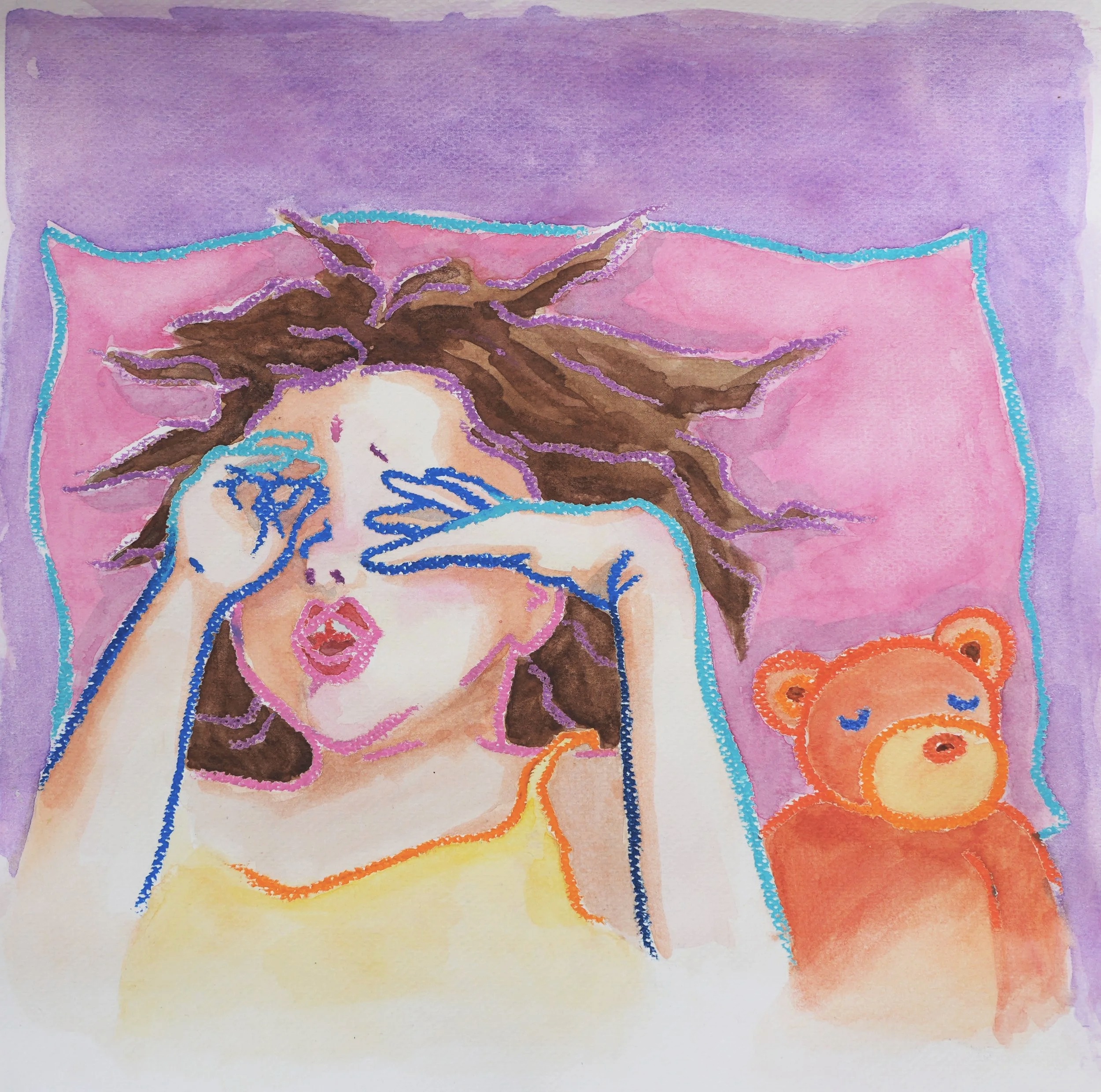 Patricia Machin Miami Portfolio Designer Art DirWatercolor painting of a woman lying on a pink pillow, with her hair splayed out, covering her face with her hands. A brown teddy bear with closed eyes is placed beside her, against a purple background.