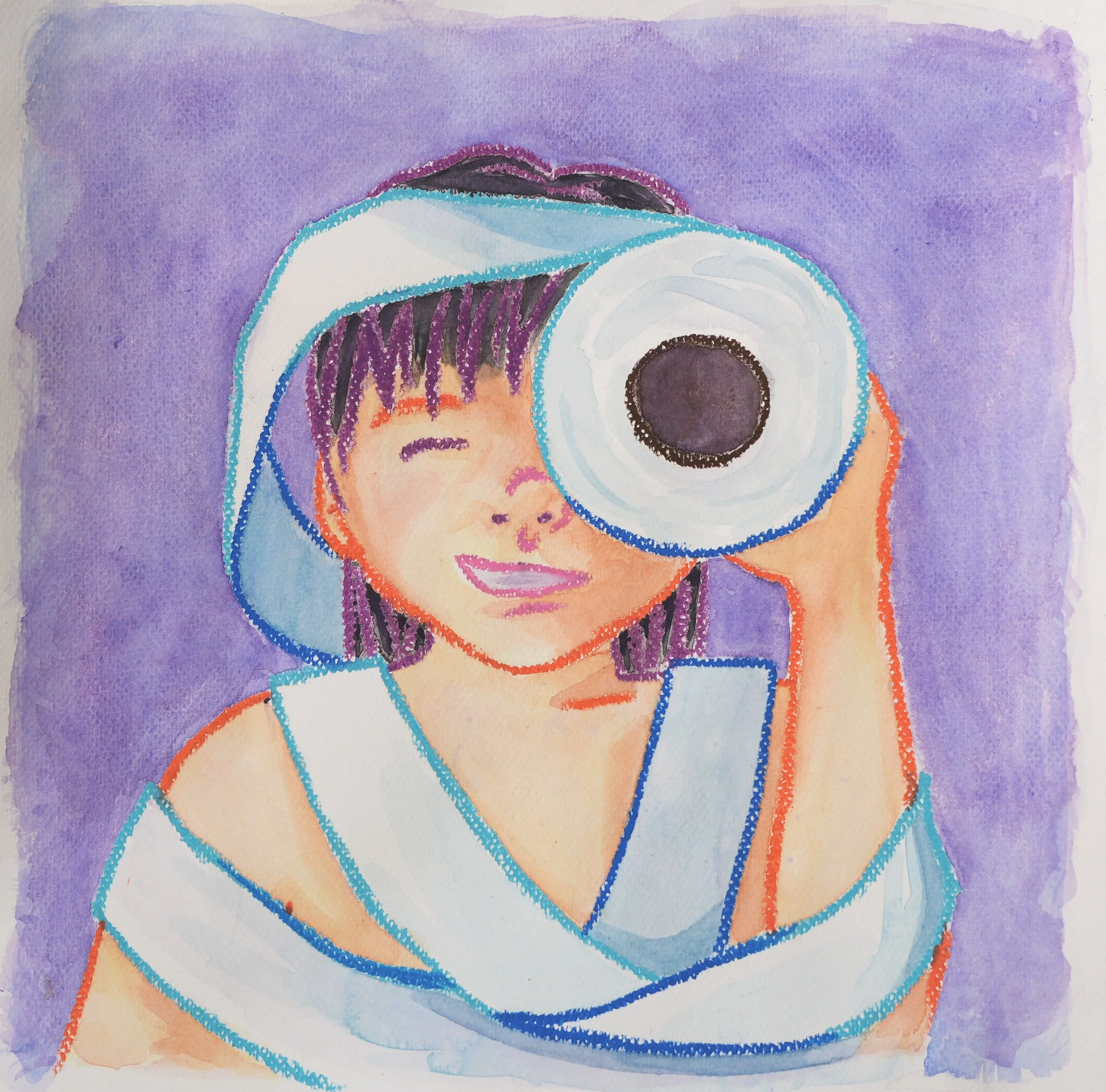 Patricia Machin Miami Portfolio Designer Art Director  A watercolor illustration of a person with purple hair and a smile, holding a large roll of toilet paper up to their right eye, against a purple background.