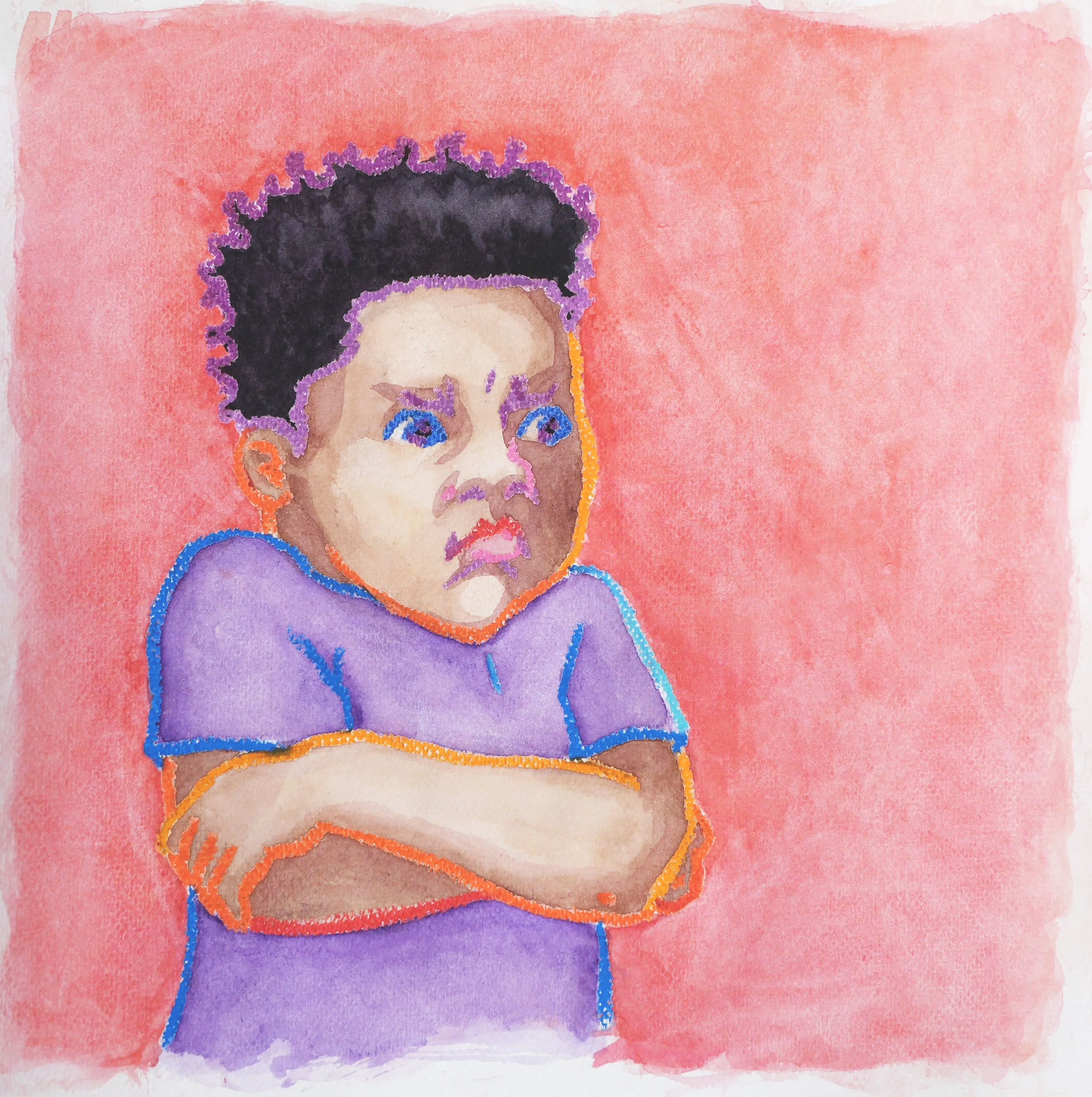 Patricia Machin Miami Portfolio Designer Art Director  Watercolor painting of a young child with crossed arms, wearing a purple shirt, with a frustrated or angry facial expression, and a pink background.