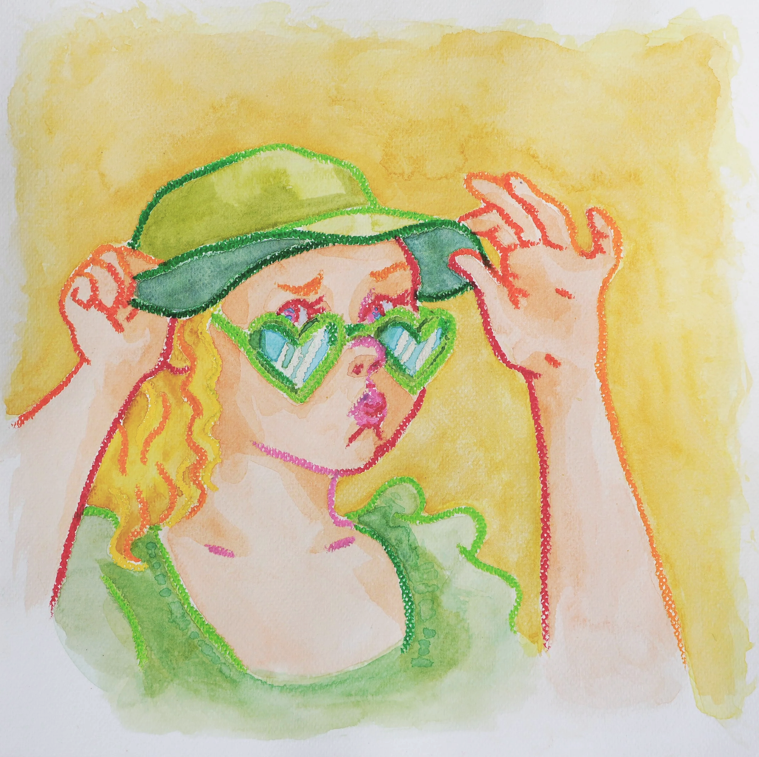 Patricia Machin Miami Portfolio Designer Art Director  Watercolor illustration of a woman with curly blonde hair wearing a green hat and heart-shaped sunglasses, with a yellow background.
