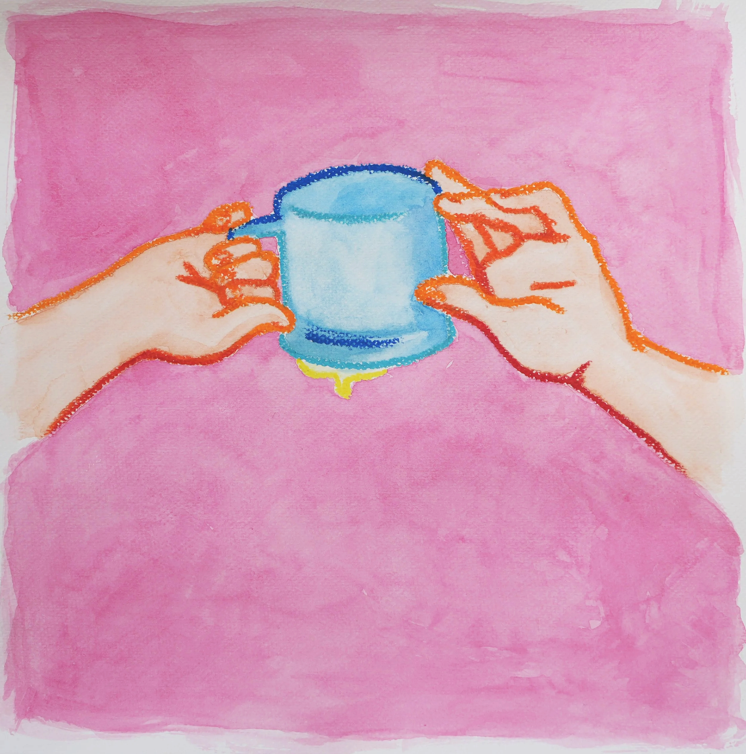 Patricia Machin Miami Portfolio Designer Art Director  Watercolor illustration of two hands holding a blue cup over a pink surface with a pink background.