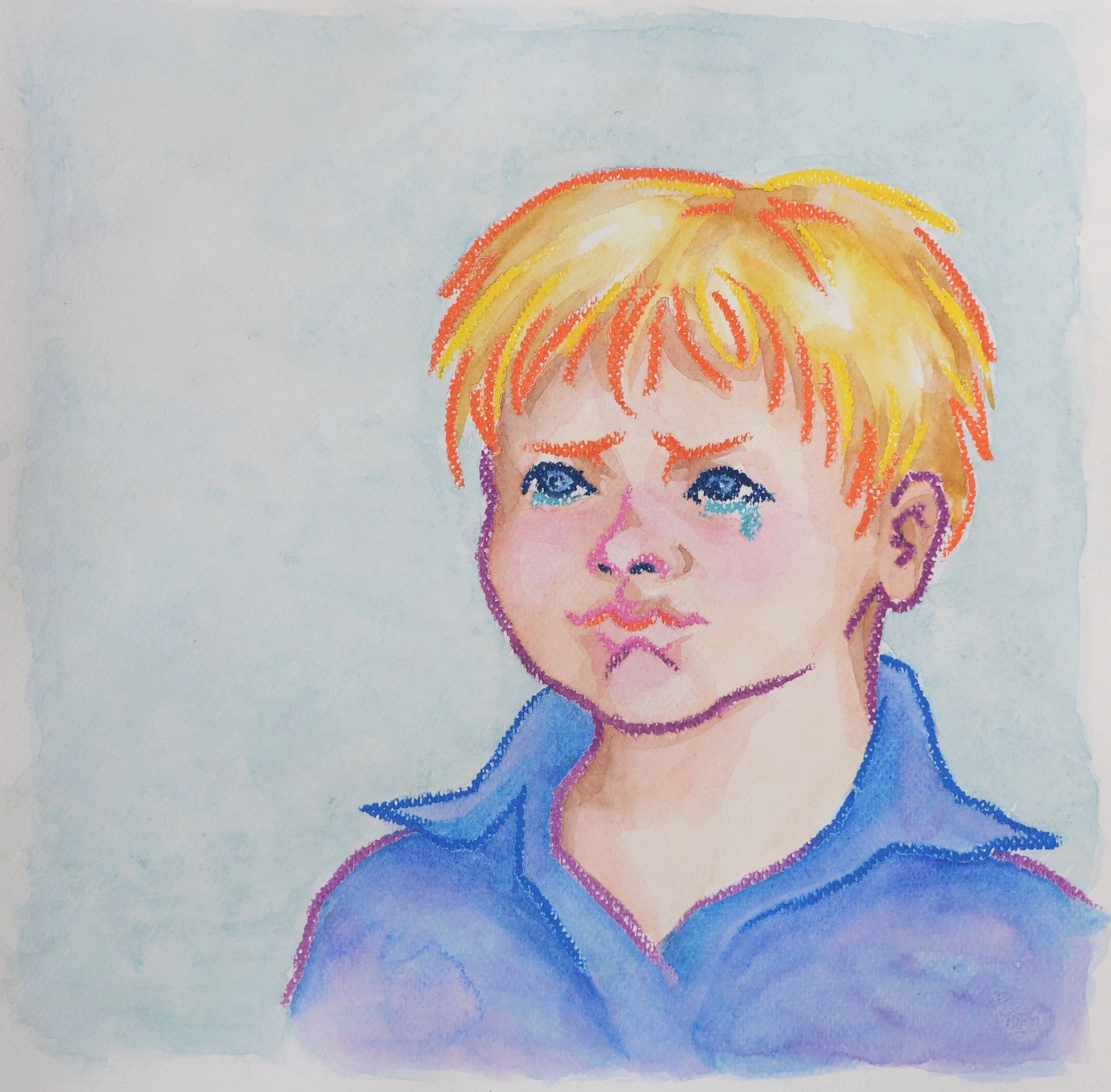 Patricia Machin Miami Portfolio Designer Art Director  Watercolor painting of a young child with blond hair, blue eyes, and a sad expression, wearing a blue shirt.