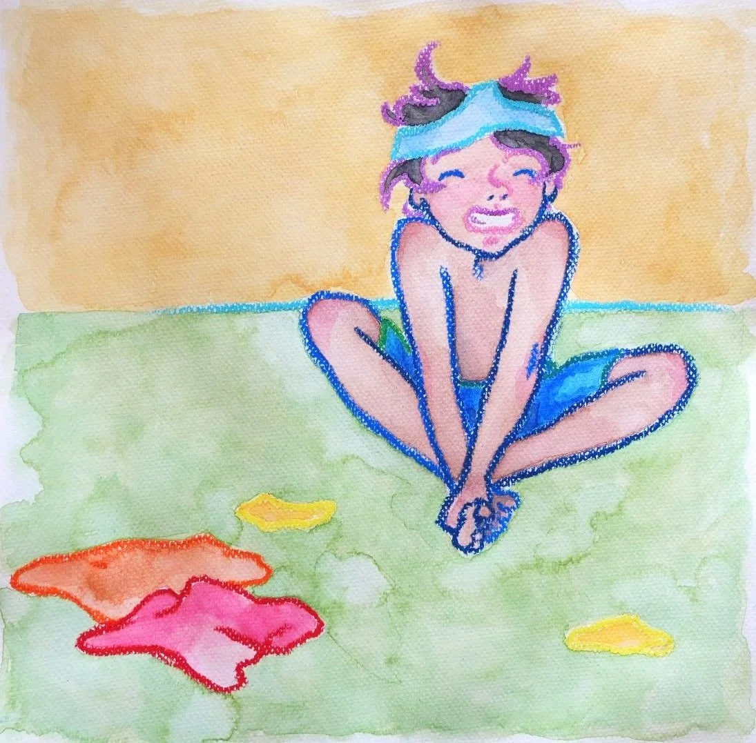 Patricia Machin Miami Portfolio Designer Art Director  A watercolor illustration of a young girl sitting on the grass, crying with a towel on her head and colorful towels or blankets nearby.