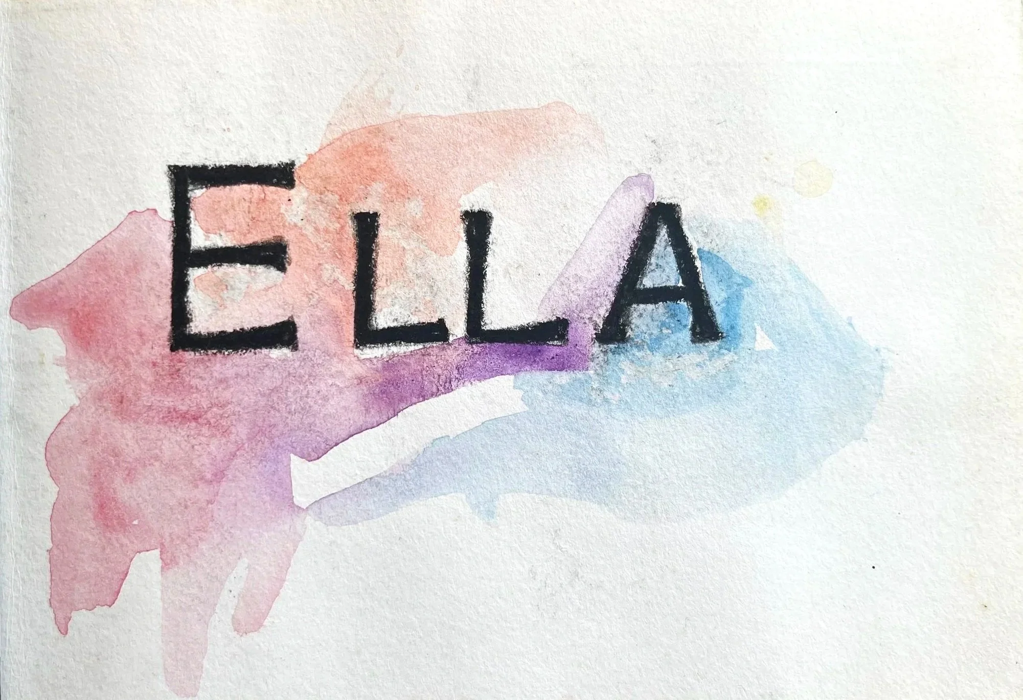Patricia Machin Miami Portfolio Designer Art Director  Watercolor painting of the word "ELLA" in black capital letters on a pastel splash background.