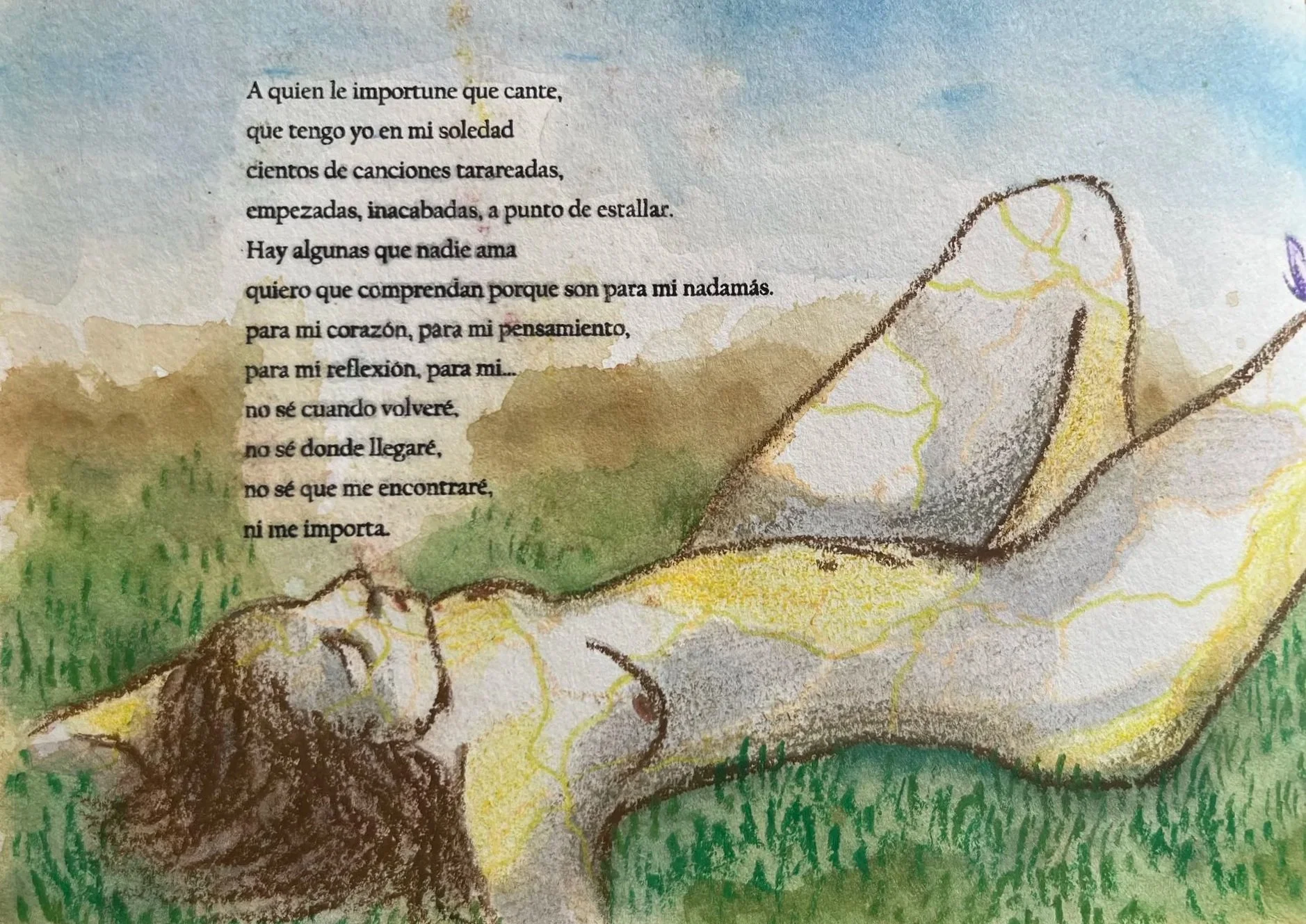 Patricia Machin Miami Portfolio Designer Art Director  An illustrated drawing of a lying woman with long brown hair, naked, with a peaceful expression, on green grass. There is a poem in Spanish on the top left of the image.
