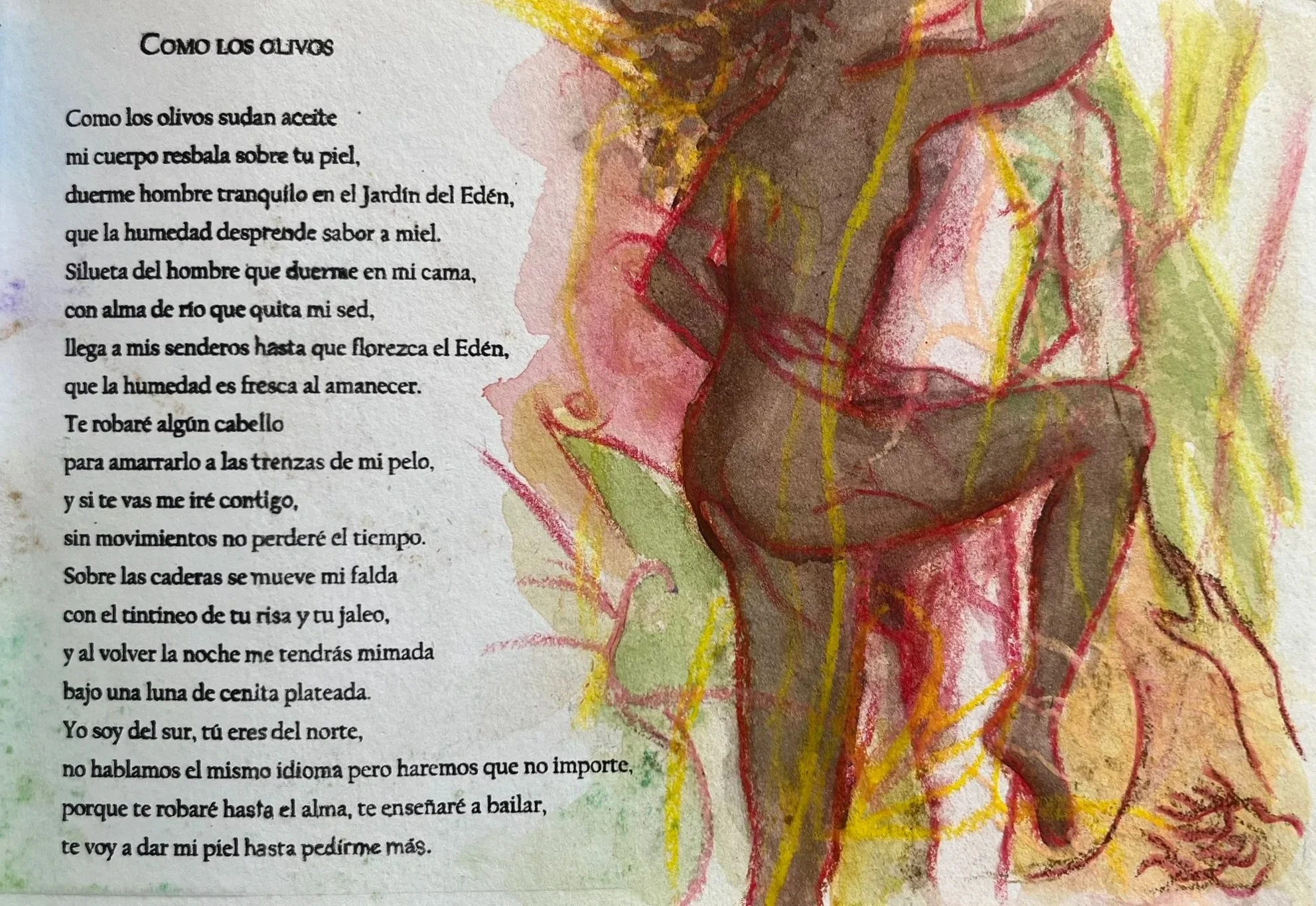 Patricia Machin Miami Portfolio Designer Art DiA colorful artistic illustration accompanying a Spanish poem titled "Como los olivos", showing a woman sitting on a raised surface with her legs crossed, surrounded by abstract, vibrant colors and lines.