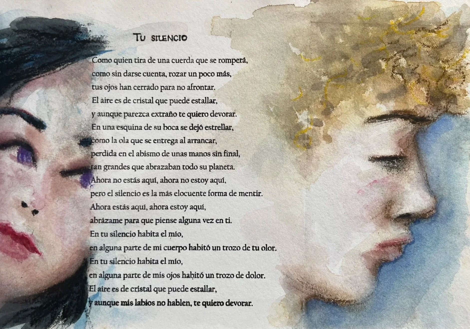 Patricia MA watercolor painting of two faces in profile, one on each side of a poem in Spanish titled "Tu silencio." The left face is of a girl with purple eyes and black hair, and the right face is of a person with curly blonde hair and closed eyes.