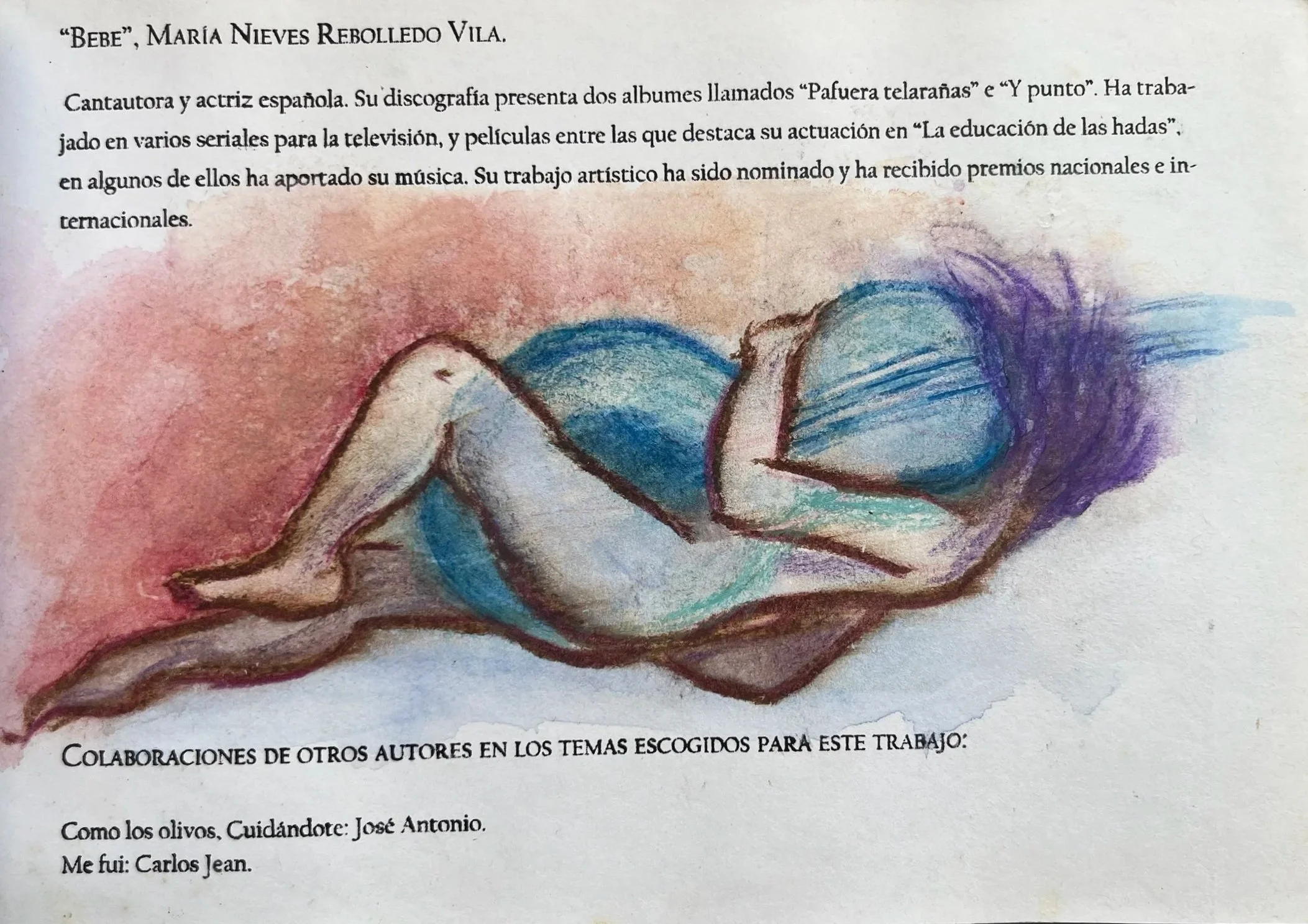 Patricia Machin Miami Portfolio Designer Art Director  Colored drawing of a person lying on their side, resting with one arm under their head, wearing blue clothing, with a purple background.