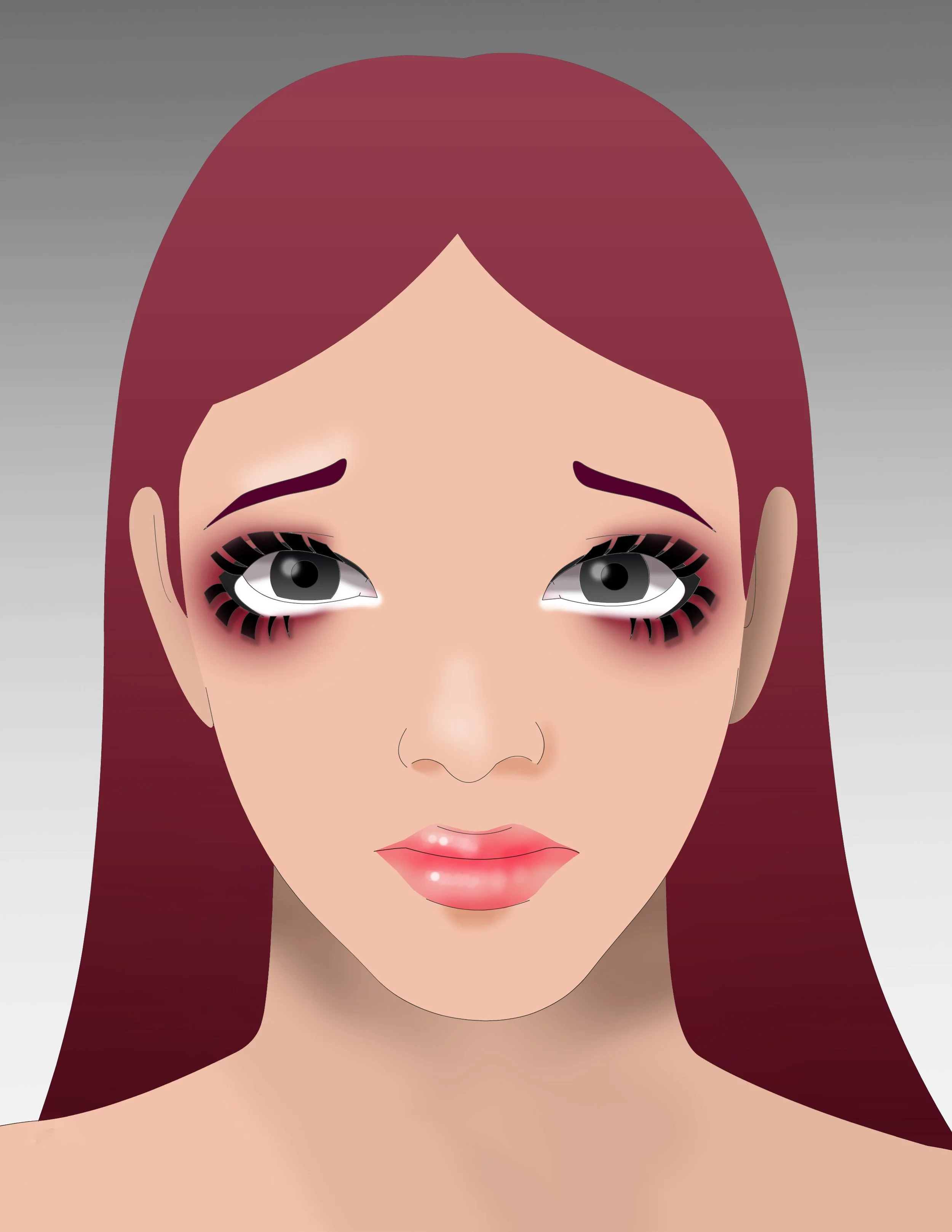 Patricia Machin Miami Portfolio Designer Art Director  A digital drawing of a woman with long red hair, big gray eyes with long eyelashes, light skin, and pink lips, against a gradient gray background.