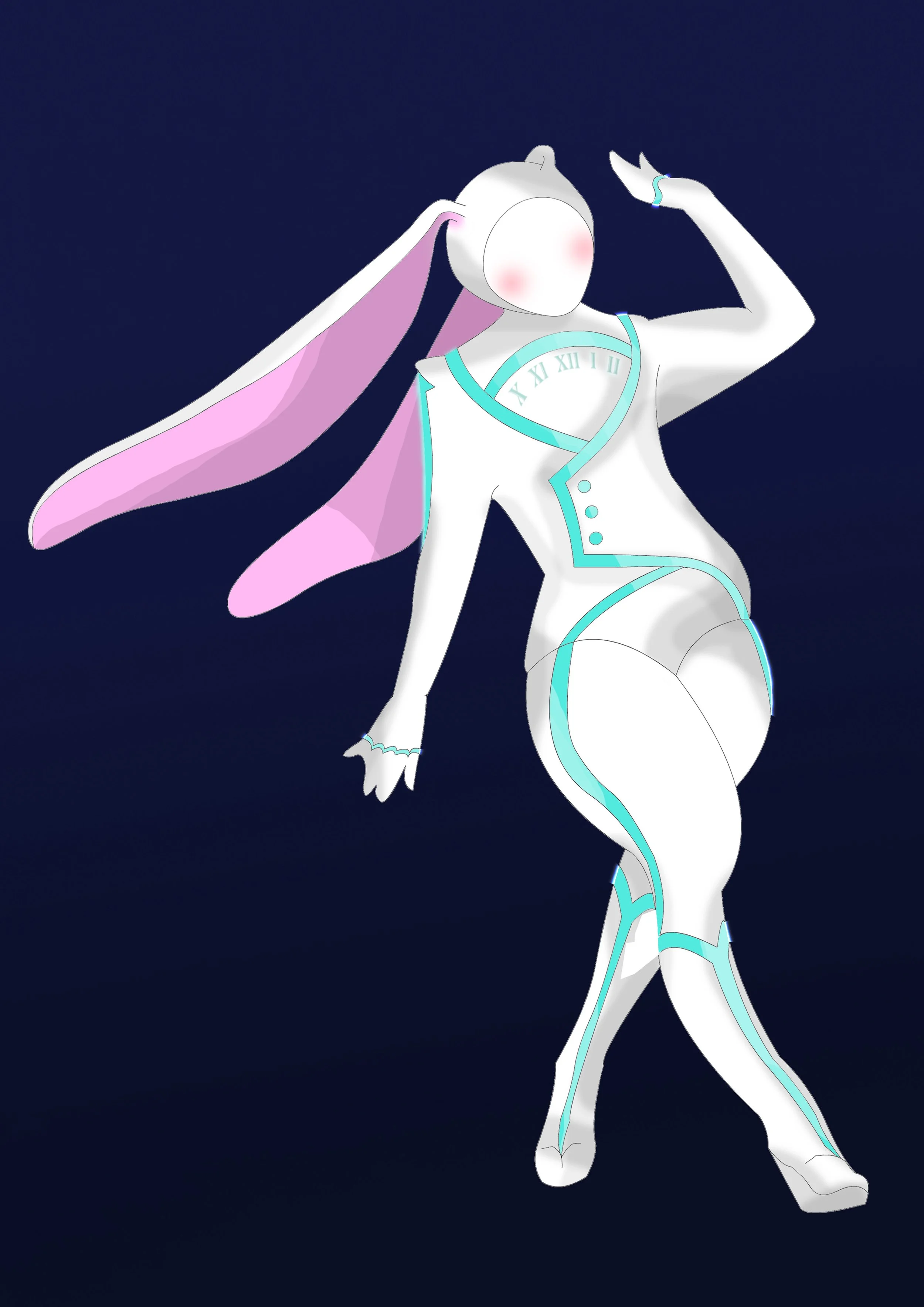 Patricia Machin Portfolio Designer and Art Director Alice A digital illustration of a humanoid character with rabbit-like features, including long pink ears, wearing a futuristic white suit with blue accents, standing against a dark background.