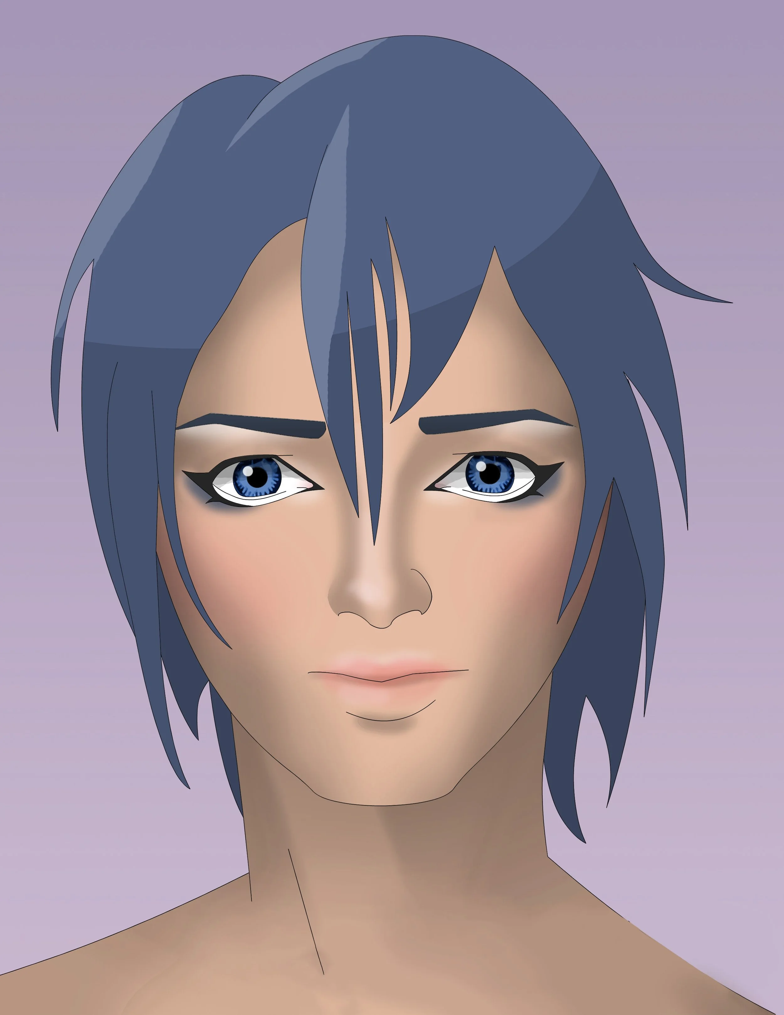 Patricia Machin Miami Portfolio Designer Art Director  Digital illustration of a woman with short blue hair and blue eyes, looking at the viewer against a purple background.