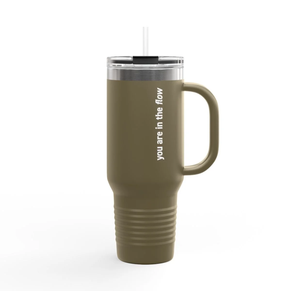 Patricia Machin Miami Portfolio Designer Art Director  A travel mug with a handle and a straw, featuring the text "you are in the flow" on a plain white background.