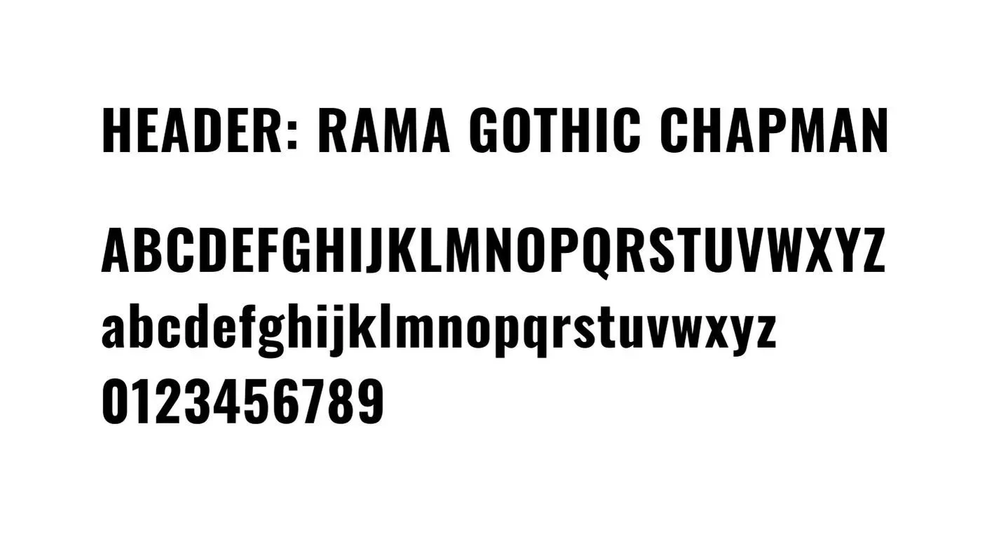 Sample text displaying a font style called Rama Gothic Chapman, including uppercase and lowercase alphabet letters and numbers.