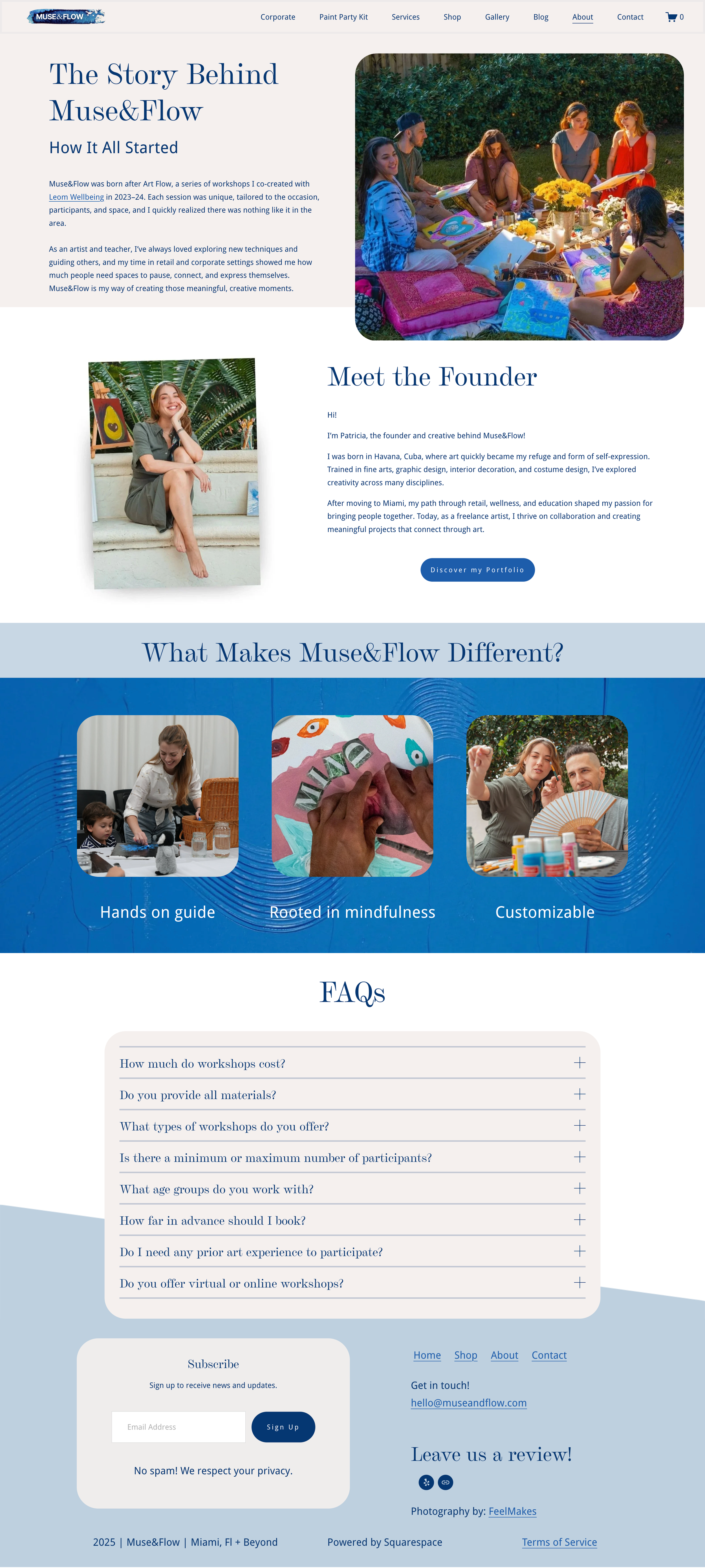 A webpage with information about Muse&Flow, featuring sections about the story behind the company, a photo of the founder Patricia, and images illustrating their creative workshops, with a blue and white color scheme.