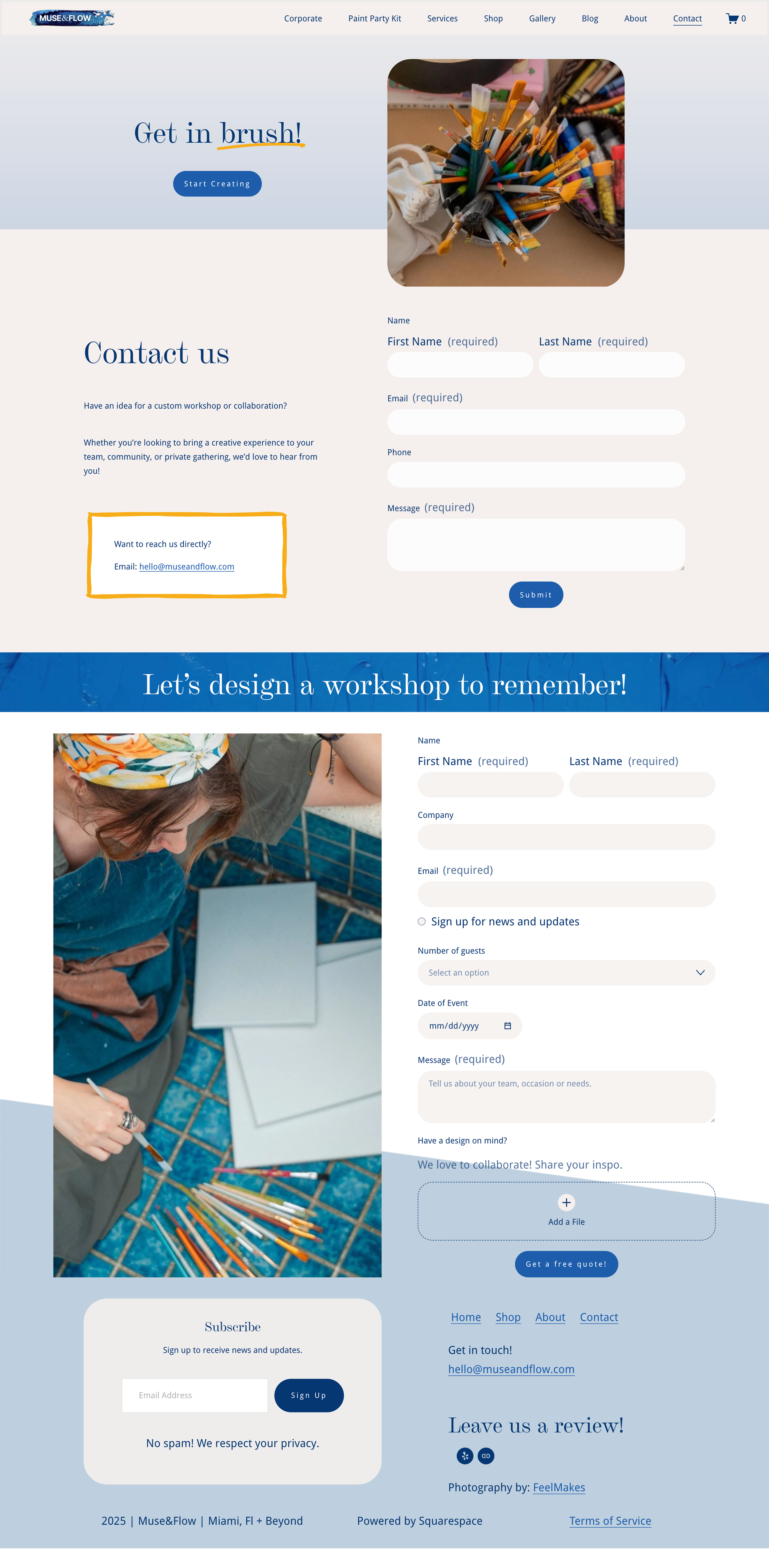 Screenshot of a website for Muse & Flow, featuring a blue and off-white color scheme. The page includes a header menu with links, a call-to-action section with a paintbrush-themed graphic and a 'Start Creating' button, a contact form, and an image of a person with a bandana working on crafting or painting surrounded by art supplies. The page also has a newsletter subscription box and footer with links and copyright info.