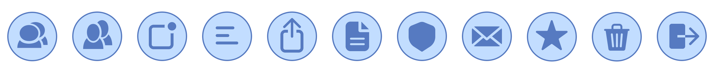 Patricia Machin Miami Portfolio Designer Art Director  Set of 12 blue circular icons representing various functions or actions such as user profile, group, insert, list, share, document, shield, email, star, trash, and forward.