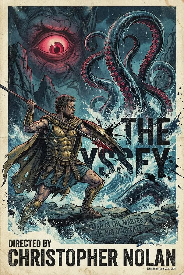 A poster for the movie "The Seas" directed by Christopher Nolan. It features a muscular man wearing ancient armor, holding a spear, standing on rocks with crashing waves. In the background, there's a giant eye and giant tentacles resembling an octopu