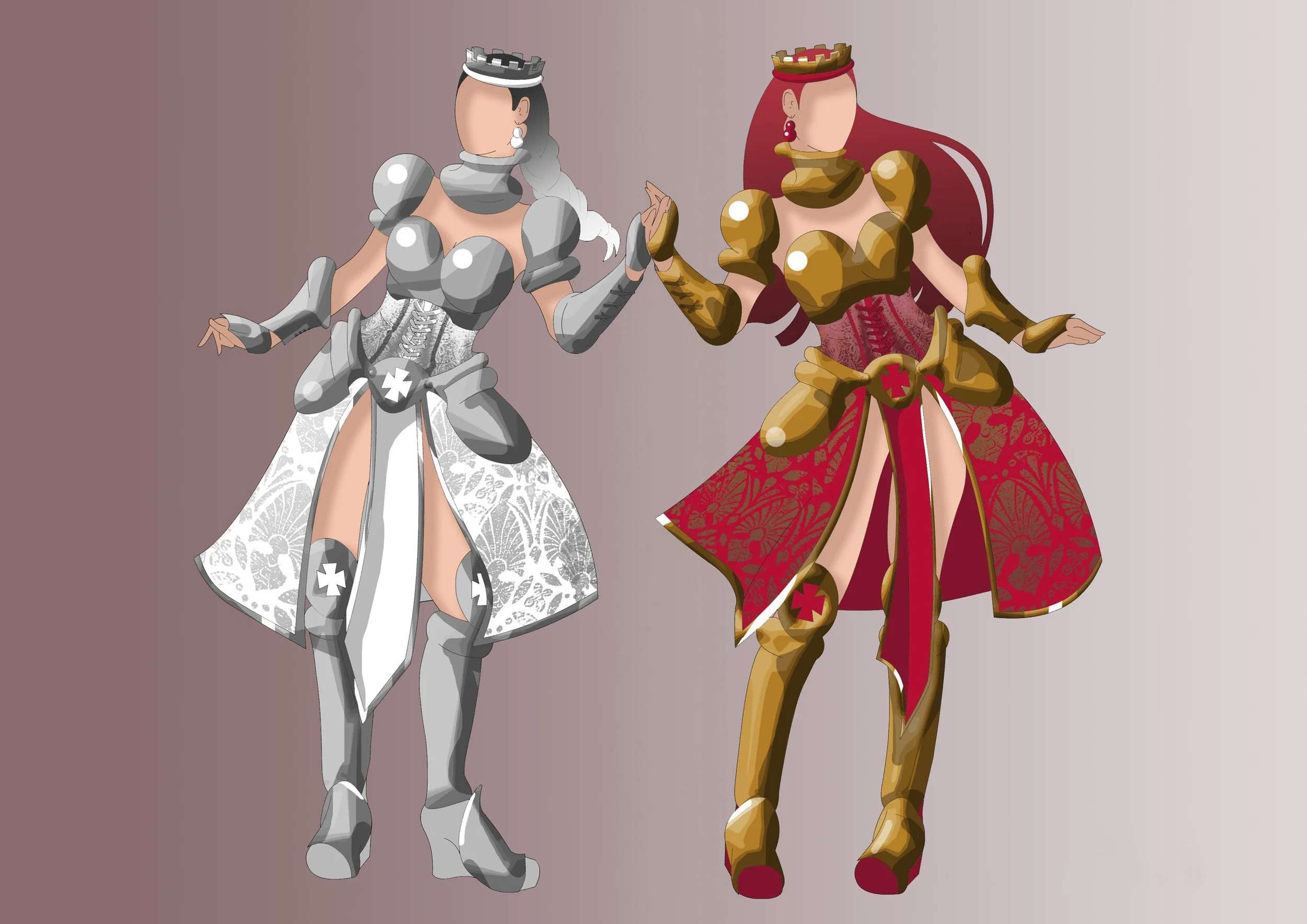 Two animated female characters dressed in medieval fantasy armor and dresses, giving each other a high five. One is in silver armor with a crown and a long flowing skirt, while the other is in gold armor with a red cape and a long gown.