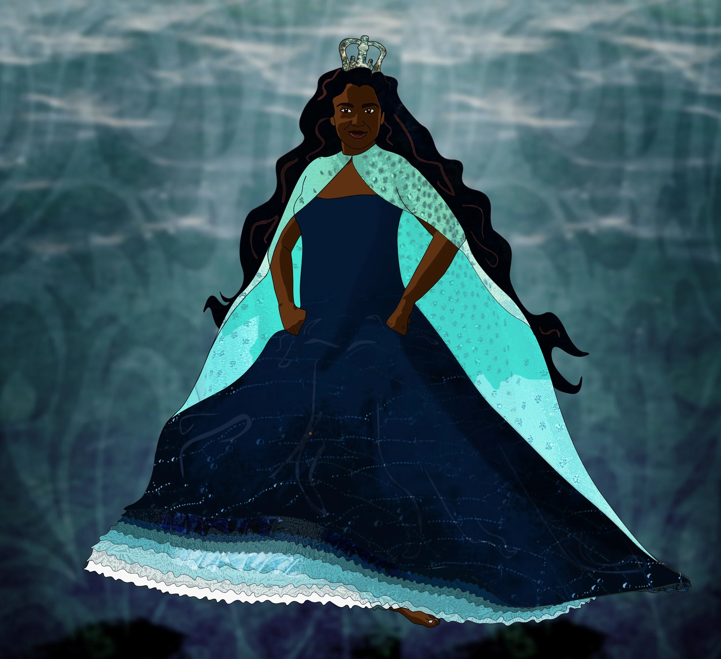 Patricia Machin Portfolio Designer Art director Miami An illustrated woman with long dark hair, wearing a crown and a dark blue gown with a light blue cape, standing with hands on hips in front of a water background.