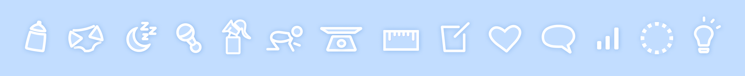 Row of various white icons on a light blue background, including a baby bottle, mask, moon with stars, microphone, spray bottle, person exercising, weighing scale, ruler, pen, heart, speech bubble, bar chart, clock, and light bulb.