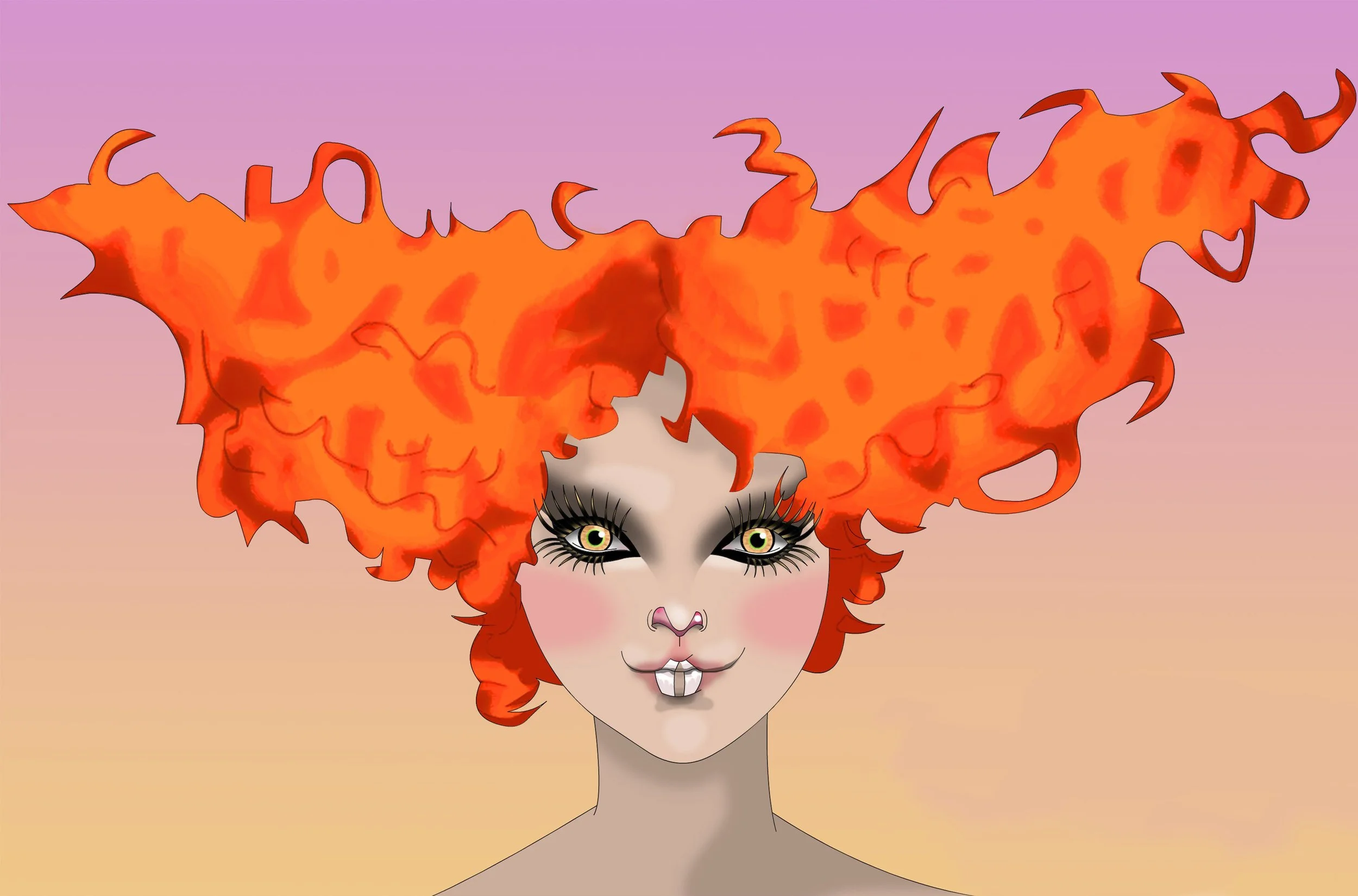 Patricia Machin Miami Portfolio Designer Art Director  Illustration of a woman with vibrant, curly orange hair shaped like flames, large eye makeup, and silver teeth, against a pastel sunset background.