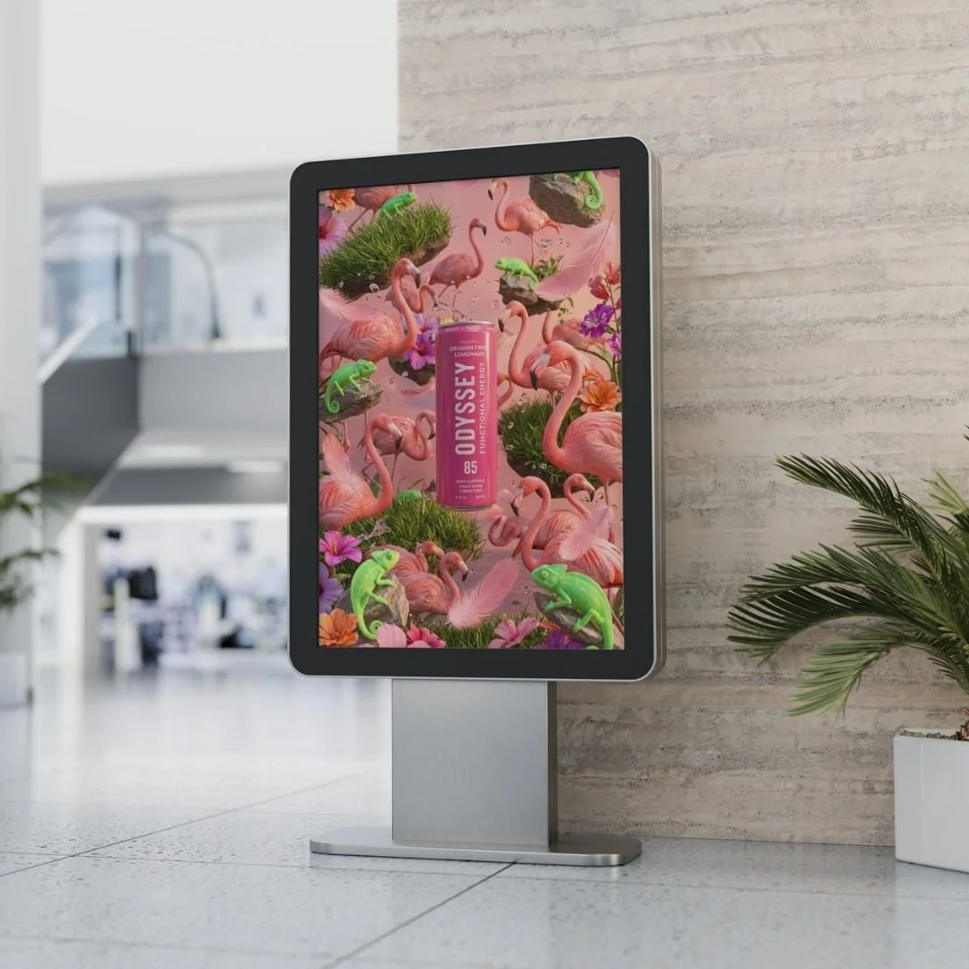 Patricia Machin Miami Portfolio Designer Art Director  Digital advertising display with pink flamingos, green chameleons, pink flowers, and a pink drink labeled 'OYSSEY' in an indoor setting.