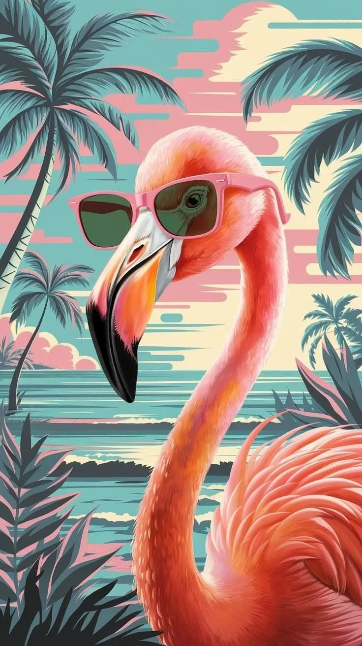 Patricia Machin Miami Portfolio Designer Art Director  A stylized illustration of a pink flamingo wearing sunglasses with a tropical sunset background, palm trees, and ocean waves.
