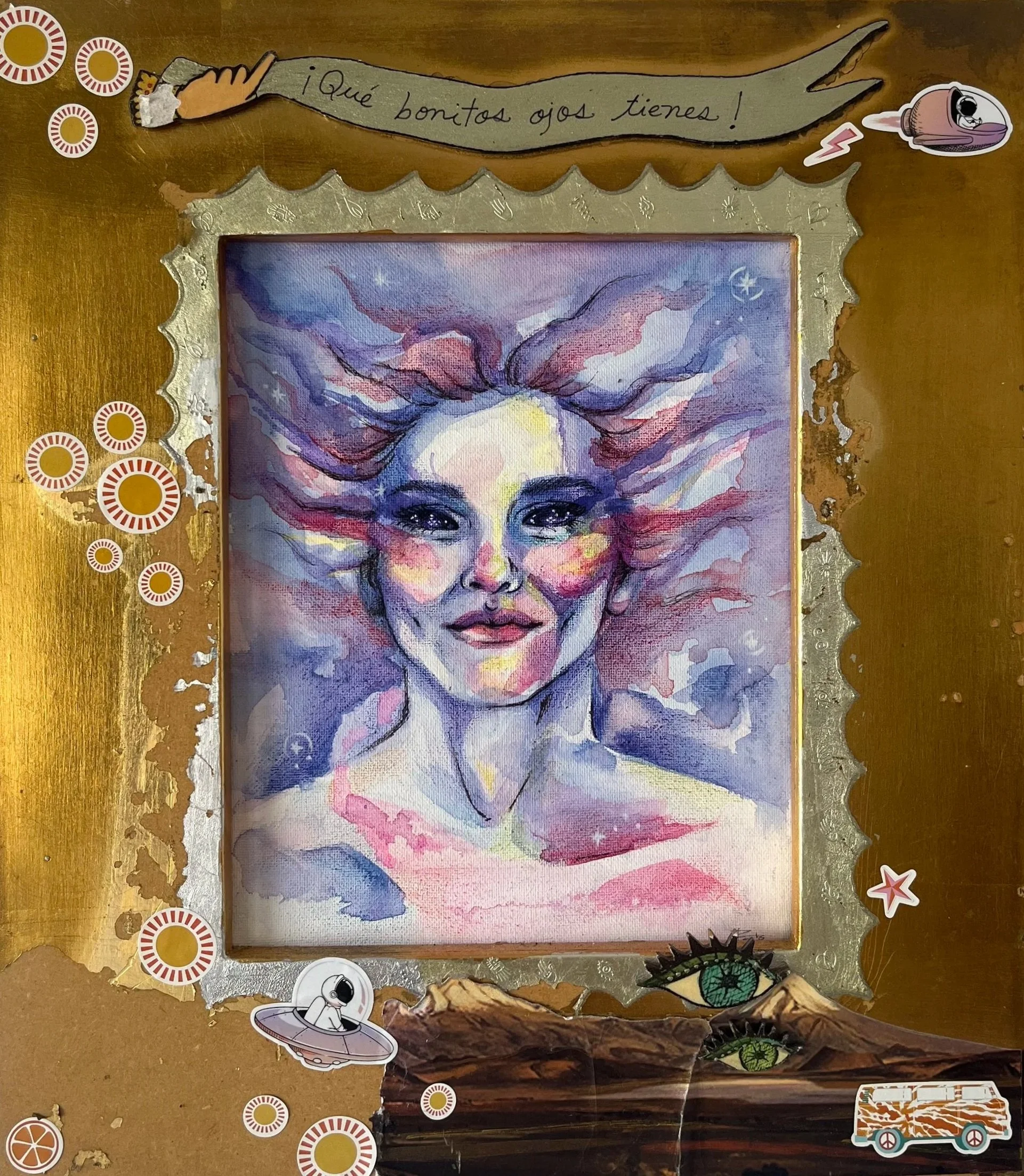 Patricia Machin Portfolio Designer and Art Director Watercolor portrait of a woman with colorful hair and a confident smile, surrounded by space-themed stickers on a gold background.