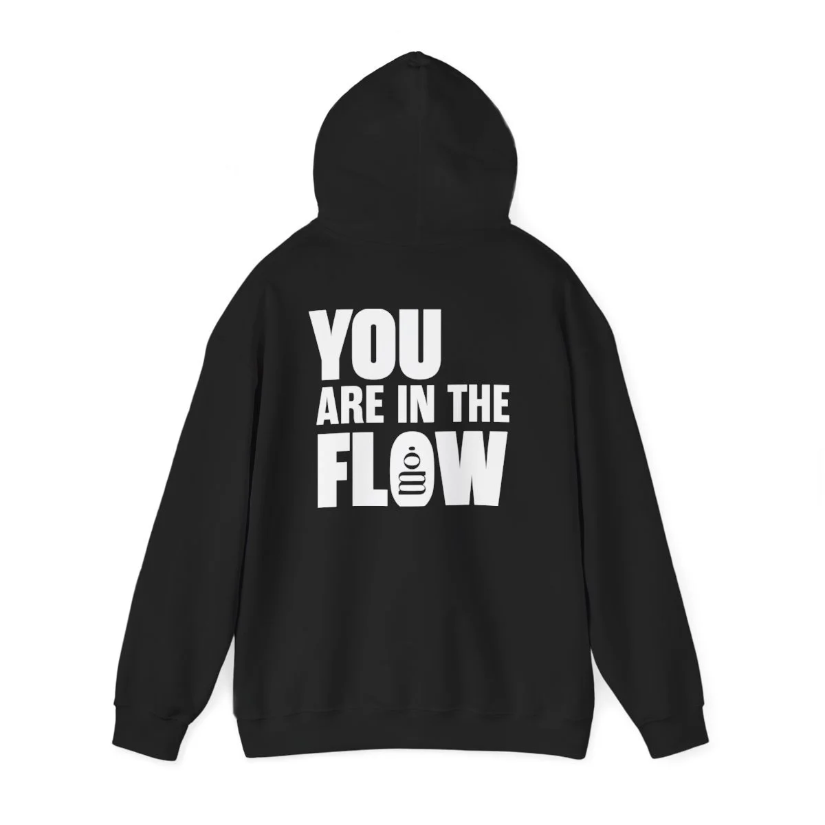 Patricia Machin Miami Portfolio Designer Art Director  Back of a black hoodie with a white text message that says, 'You are in the flow.'