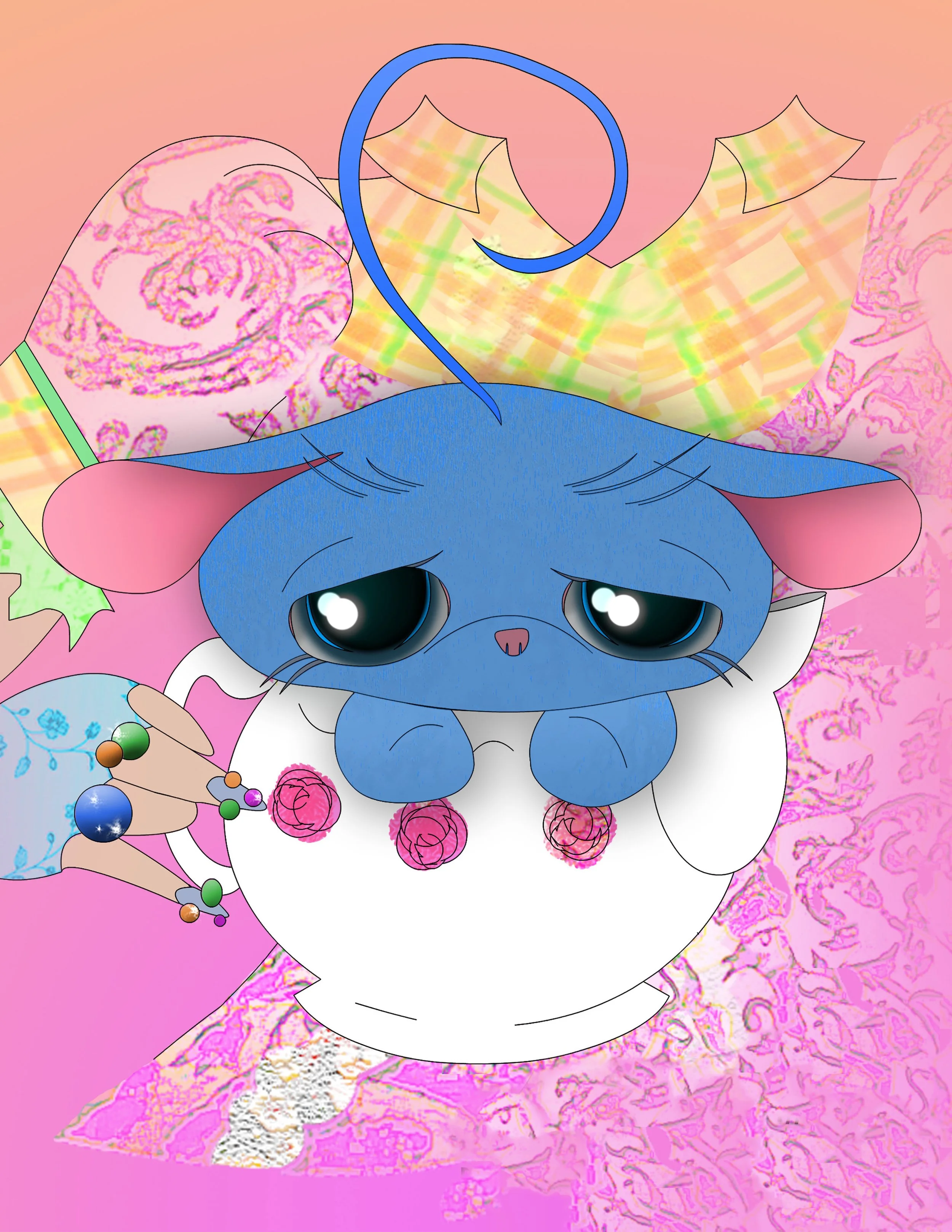 A cartoon blue cat with large sad eyes, sitting in a white teacup with pink roses on its rim. The background features pastel pink and yellow swirling patterns, and a person's hand with colorful rings is visible holding the teacup.
