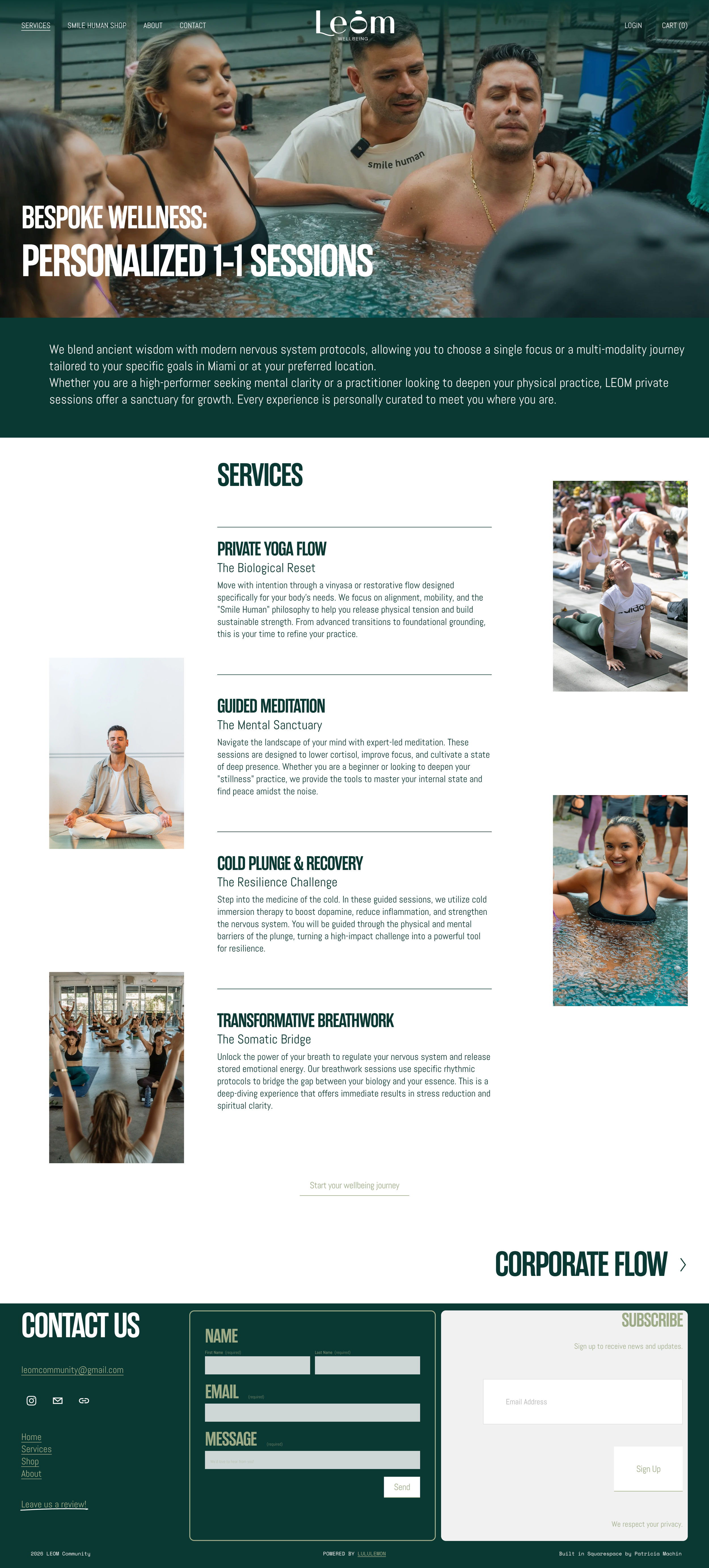 Website homepage for Leöm Wellbeing featuring an outdoor wellness scene with a group of people engaged in meditation and yoga activities, including some in hot tubs and a yoga session, with various sections detailing services like private yoga flow, guided meditation, cold plunge, and transformative breathwork.