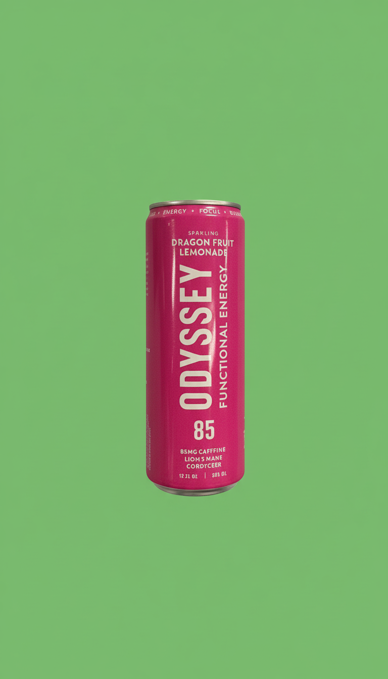 Patricia Machin Miami Portfolio Designer Art Director  A tall can of ODYSSEY functional energy drink with dragon fruit lemonade flavor, featuring pink and purple colors, emphasizing caffeine content and ingredients, against a green background.