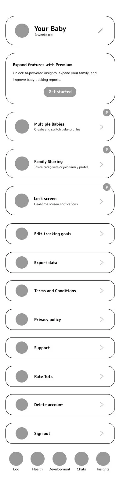 Mobile app settings menu for baby tracking, featuring options like multiple babies, family sharing, lock screen, edit goals, export data, terms and conditions, privacy policy, support, rate tots, delete account, and sign out, with a header indicating baby age at 3 weeks.