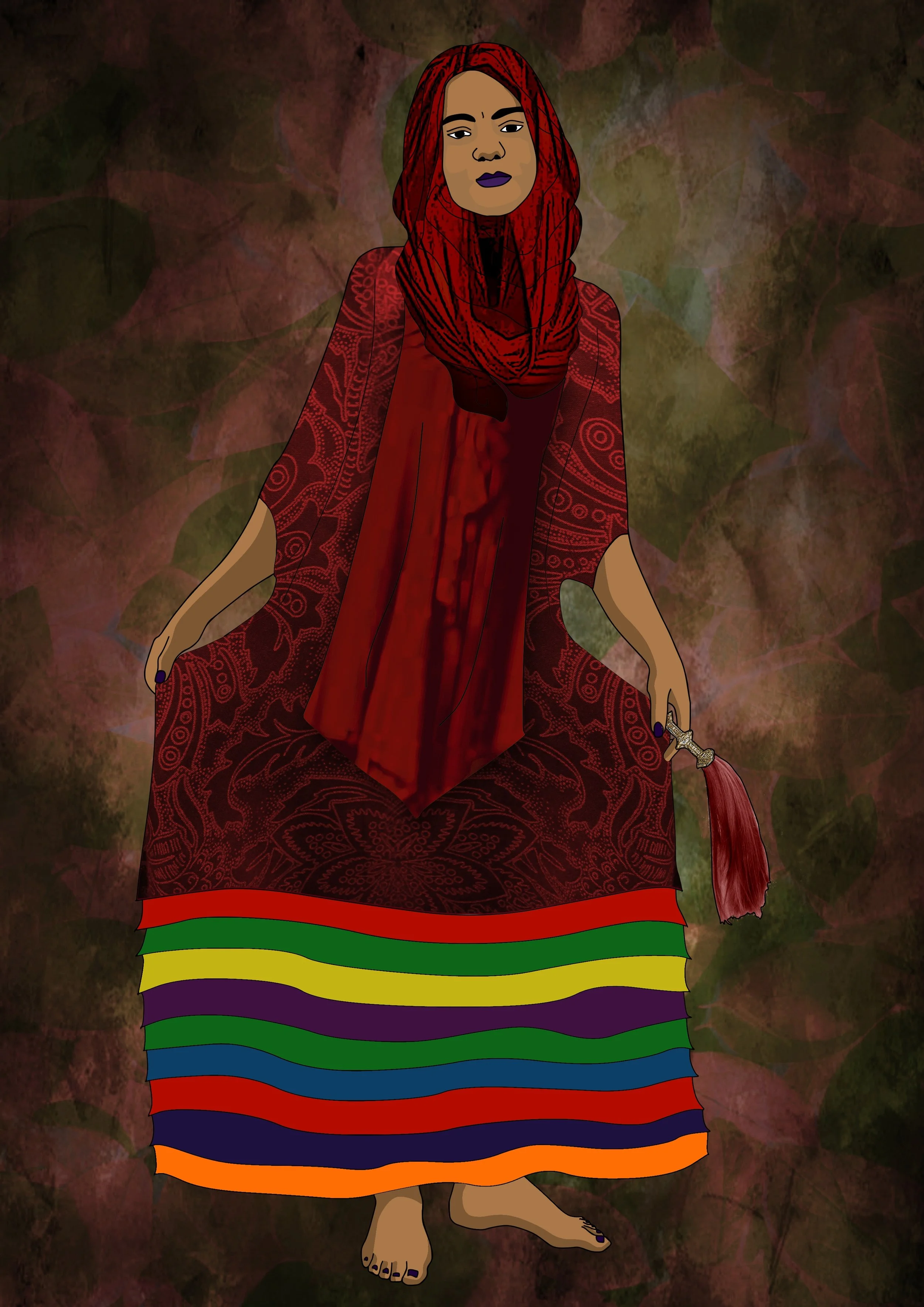 Patricia Machin Portfolio Designer Art director Miami An animated woman dressed in traditional African attire with red and black patterns, wearing a red headscarf, standing against a textured brown and green background.