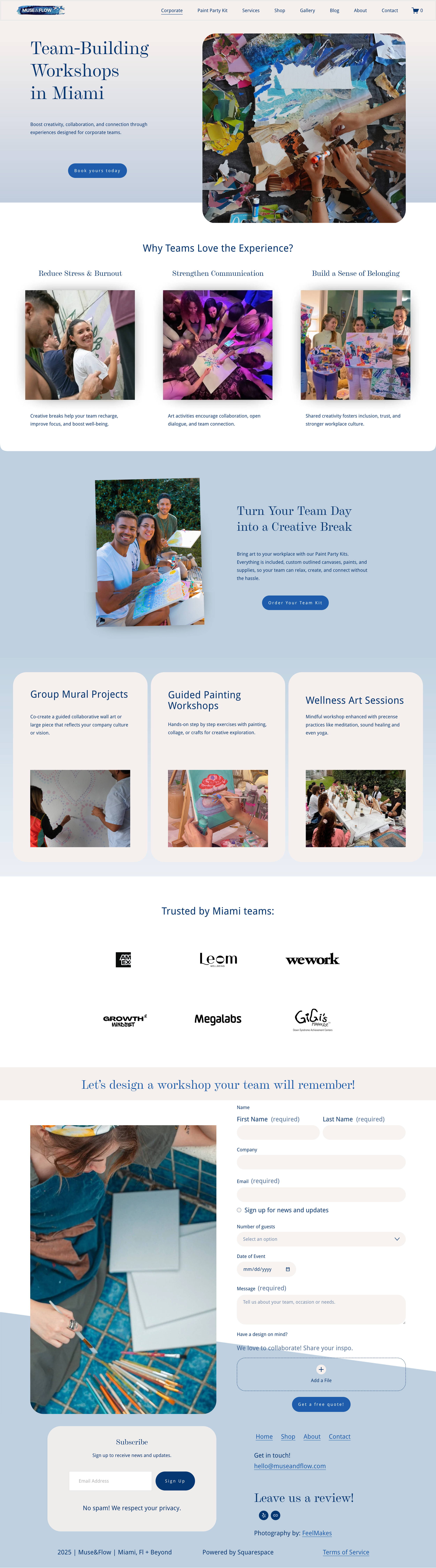 A website page for Muse & Flow, showcasing team-building workshops in Miami. The page features images of people participating in creative activities like painting and crafting, with sections about workshop benefits and types of activities. There is also a sign-up form and sponsor logos.