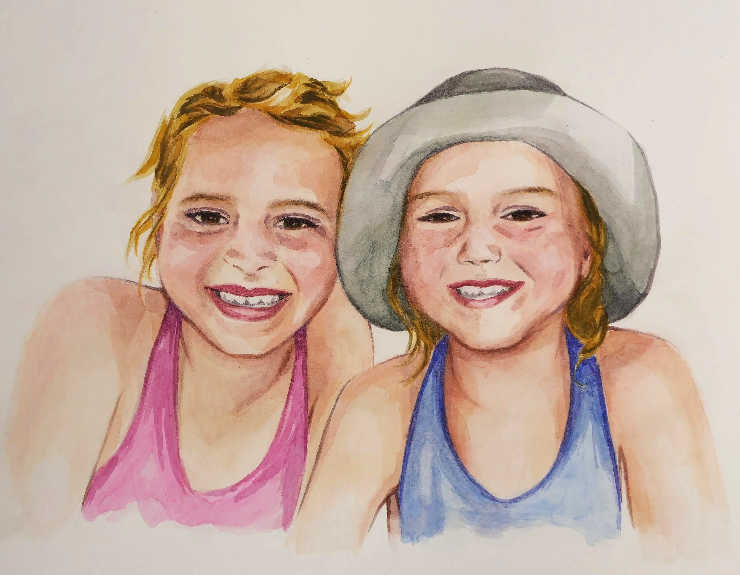 Patricia Machin Portfolio Designer and Art Director Watercolor painting of two young girls smiling, one with a pink tank top and the other with a blue tank top and a large gray hat.